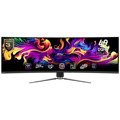Monitor s širokým úhlopříčkou s živým, abstraktním pozadím. Zobrazené údaje: '49 DQHD', '3 roky záruky', '144 Hz', 'OLED' a další technické detaily.