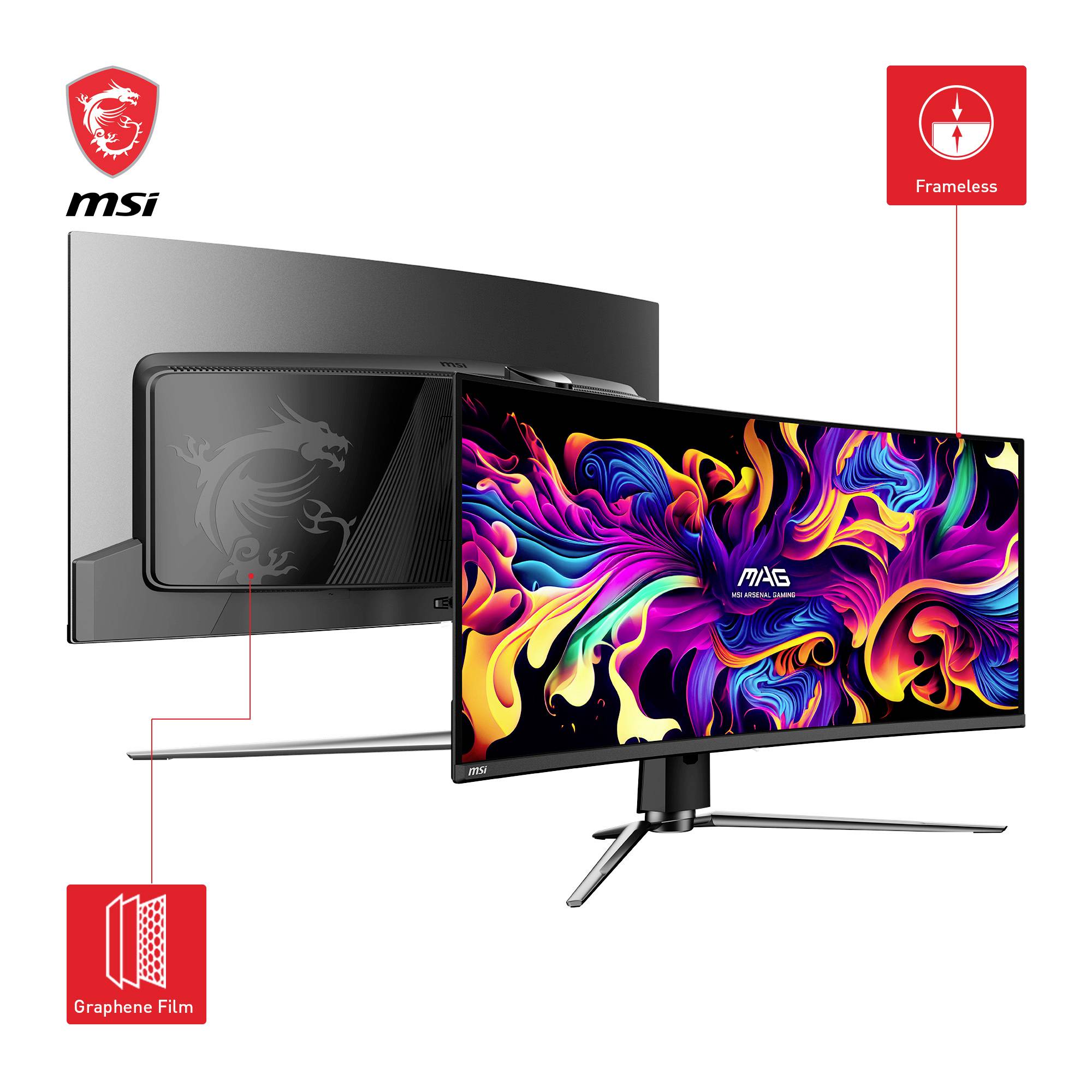 Monitor s živým, abstraktním pozadím, bez rámečku, s logem MSI. Zadní strana zobrazuje logo draka.