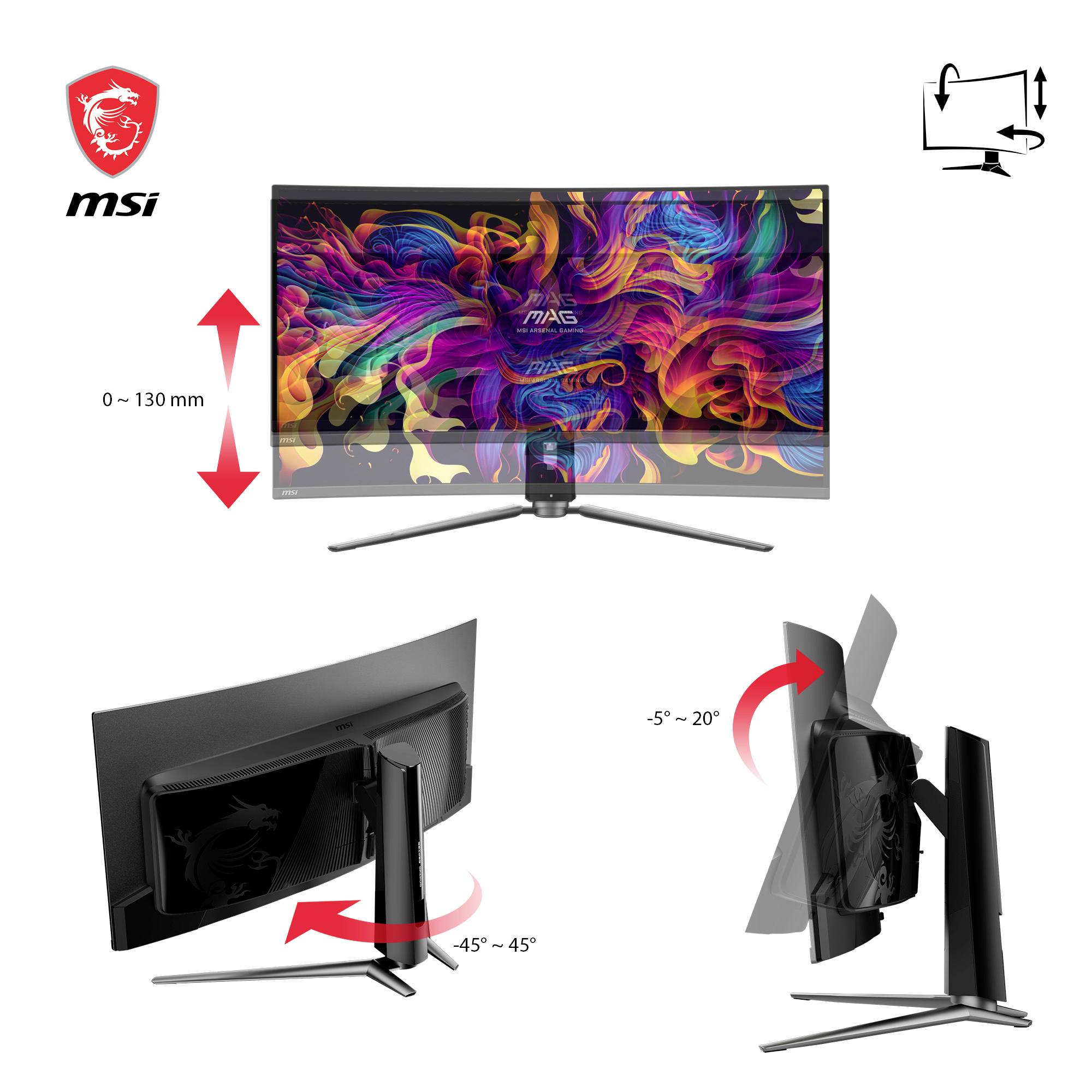 Obrázek zobrazuje zakřivený monitor od MSI s nastavitelným stojanem. Výška, náklon a otočení jsou přizpůsobeny. Na obrazovce je barevná grafika.