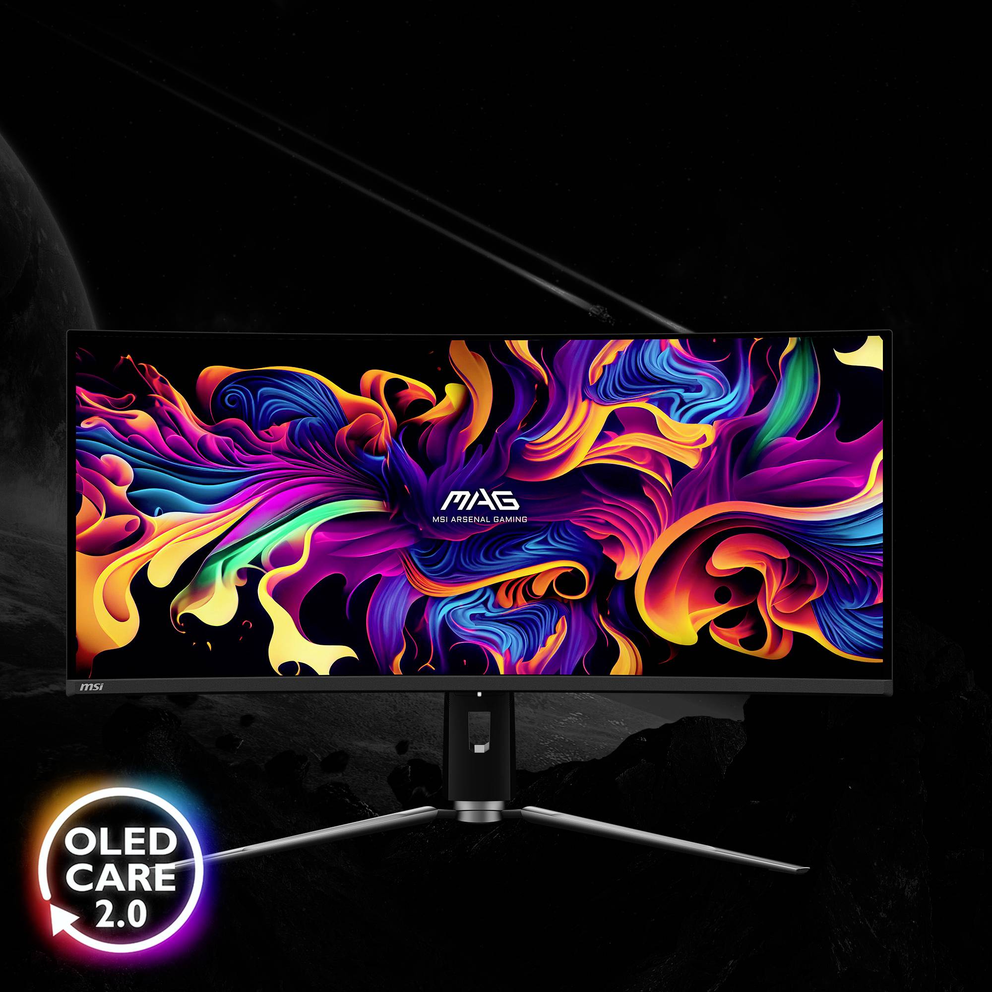 Ultраširoký zakřivený monitor zobrazuje živé, barevné umělecké dílo. Vlevo dole je logo 'OLED CARE 2.0'.