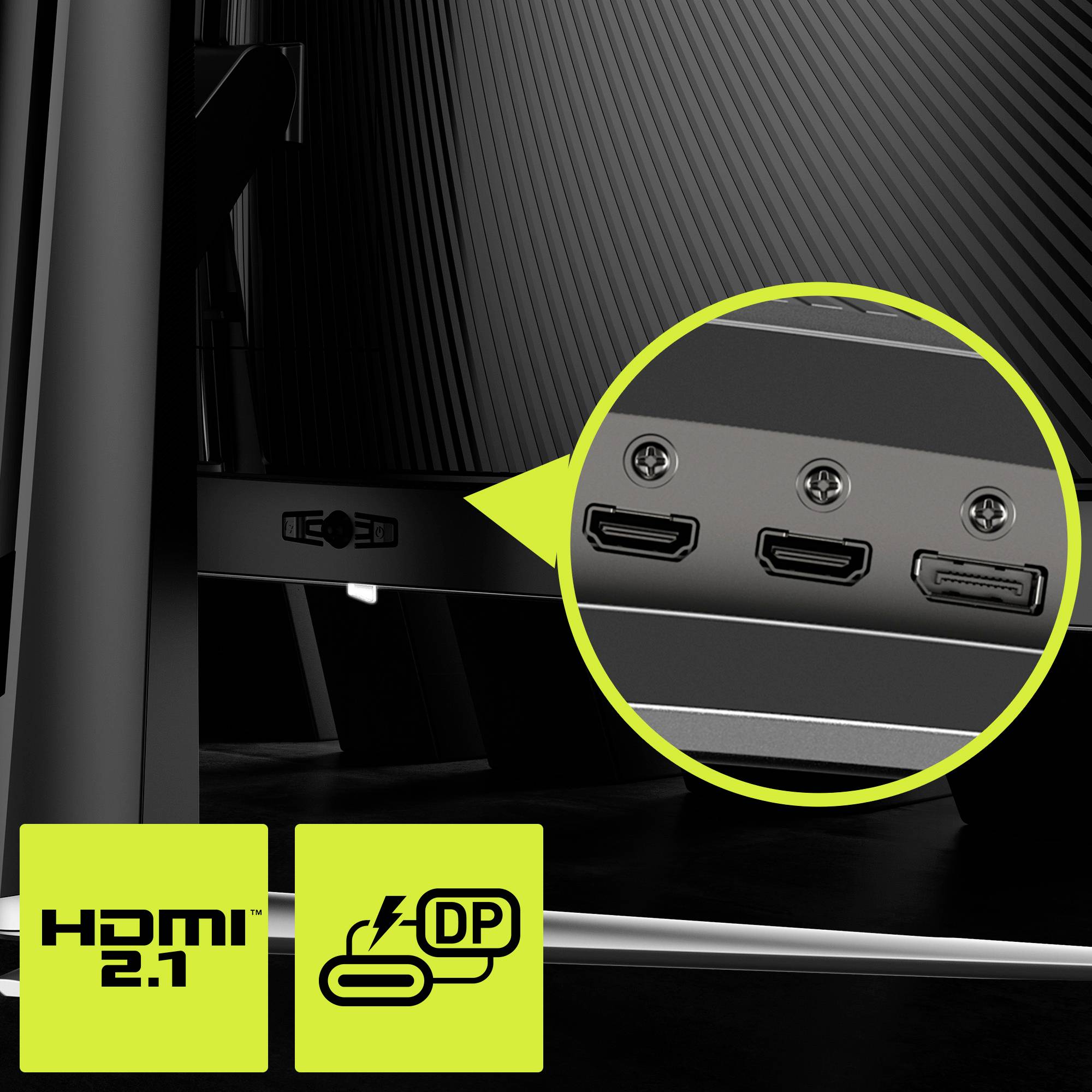 Konektory na zadní straně monitoru, včetně HDMI, DisplayPort a USB. Poznámka k HDMI 2.1 a symbolům DisplayPort.