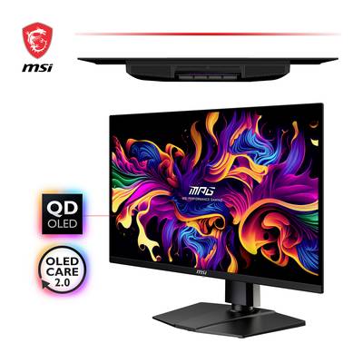Monitor MSI s živým, abstraktním barevným displejem využívajícím technologie QD-OLED. Vlevo nahoře je viditelné logo MSI.