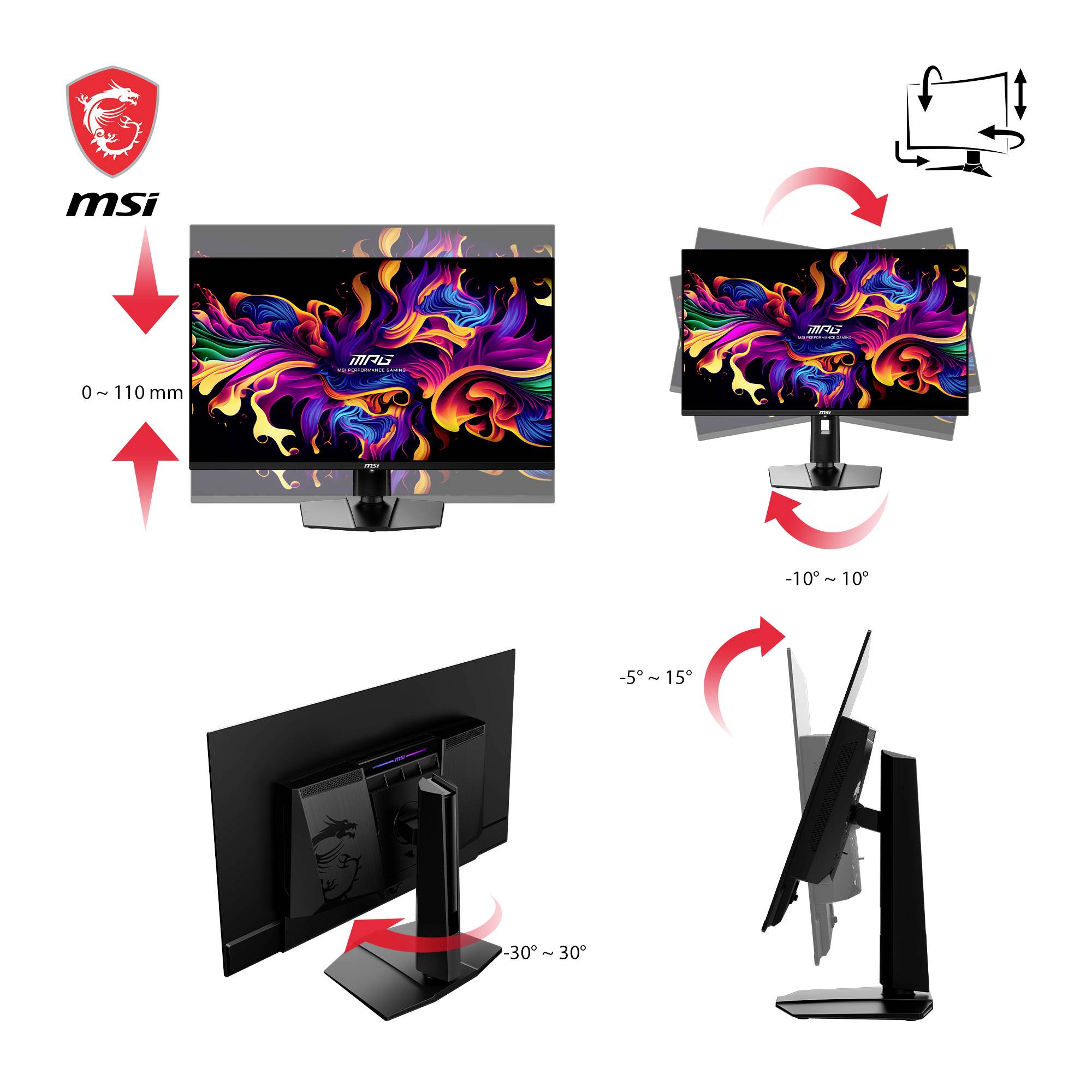 Monitor s nastavitelnou výškou (0–110 mm), úhlem náklonu (-5° až 15°) a rotací (-30° až 30°). Ideální pro flexibilní přizpůsobení pracovního místa.