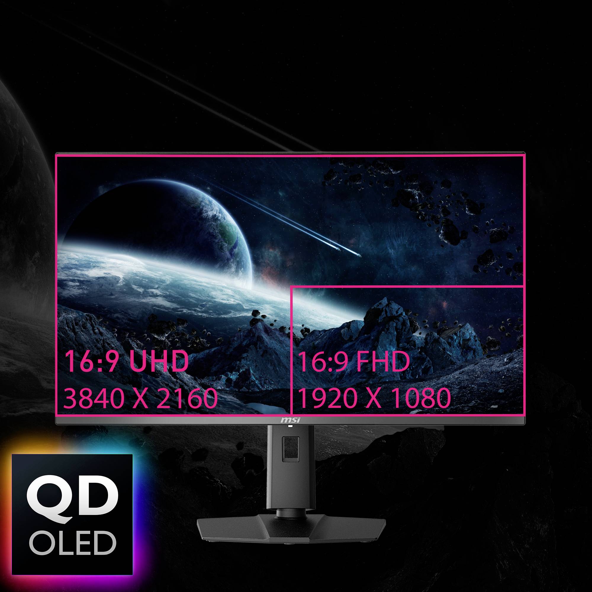 Monitor zobrazuje pozadí vesmíru s planetami. Text: '16:9 UHD 3840 x 2160' a '16:9 FHD 1920 x 1080'. Logo QD-OLED v levém dolním rohu.