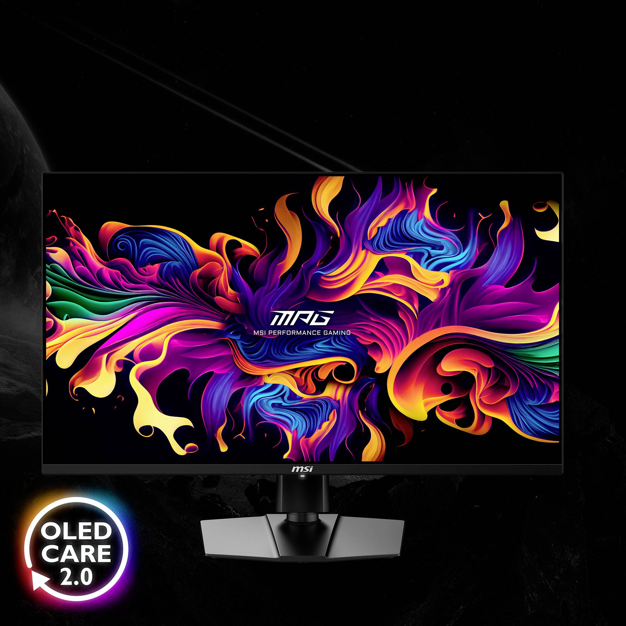 Počítačový monitor zobrazuje živý, abstraktní vzor v zářivých barvách. Vlevo dole je umístěno logo 'OLED Care 2.0' v kruhovém tvaru.
