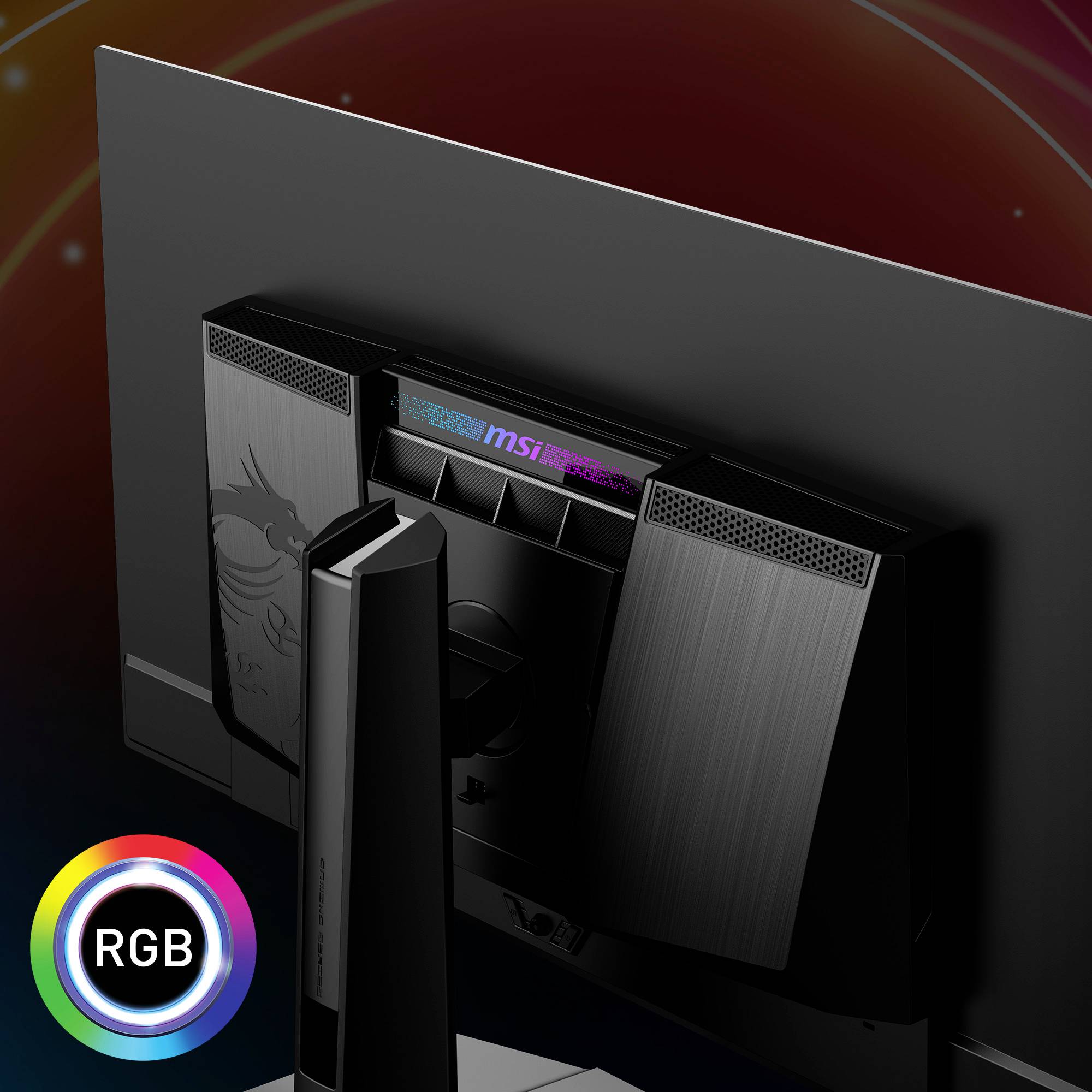 Zadní strana moderního monitoru MSI s RGB podsvícením, zobrazující větrací otvory a stylový design.