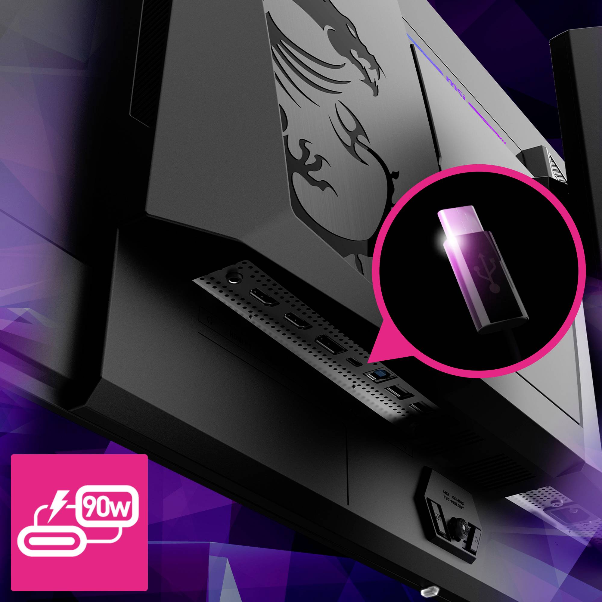 Displej nabíječky se symbolem "90W", zvětšený detail smartphonu s indikátorem nabíjení, na kterém je zobrazen stylizovaný drak.