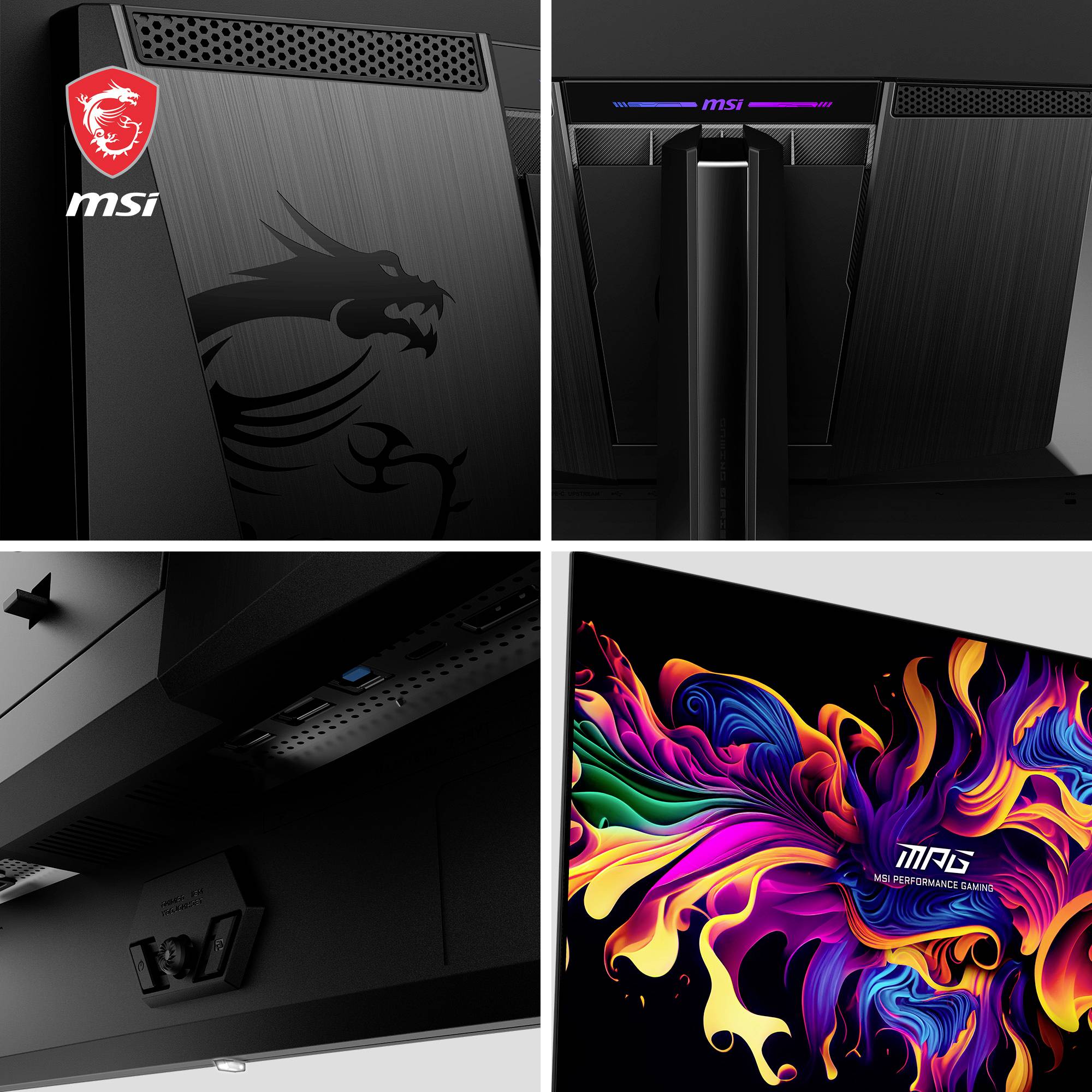 Monitor MSI s RGB podsvícením a dynamickým, barevným vzorem na obrazovce, který ukazuje moderní design s logem draka.