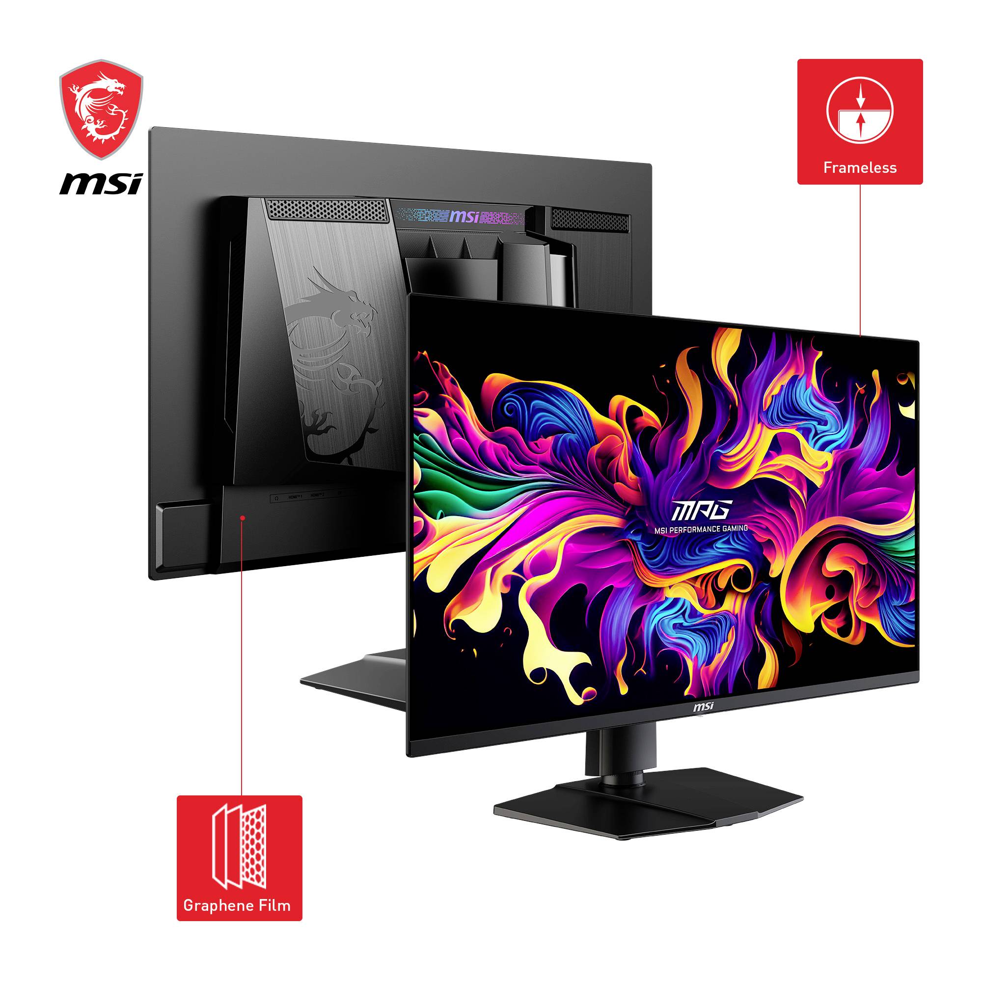 Černý monitor od MSI s barevným abstraktním obrázkem na obrazovce. Detaily: design bez rámečku a grafenová fólie.