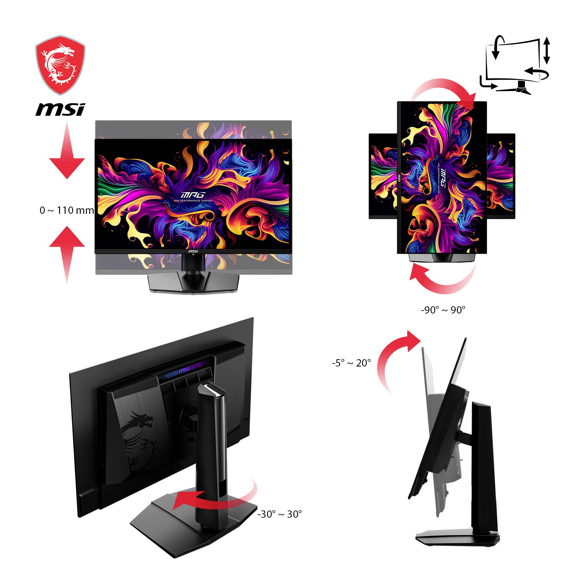 Monitor od MSI zobrazuje barevný, abstraktní obraz. Je výškově nastavitelný a lze jej otočit o 90° oběma směry.