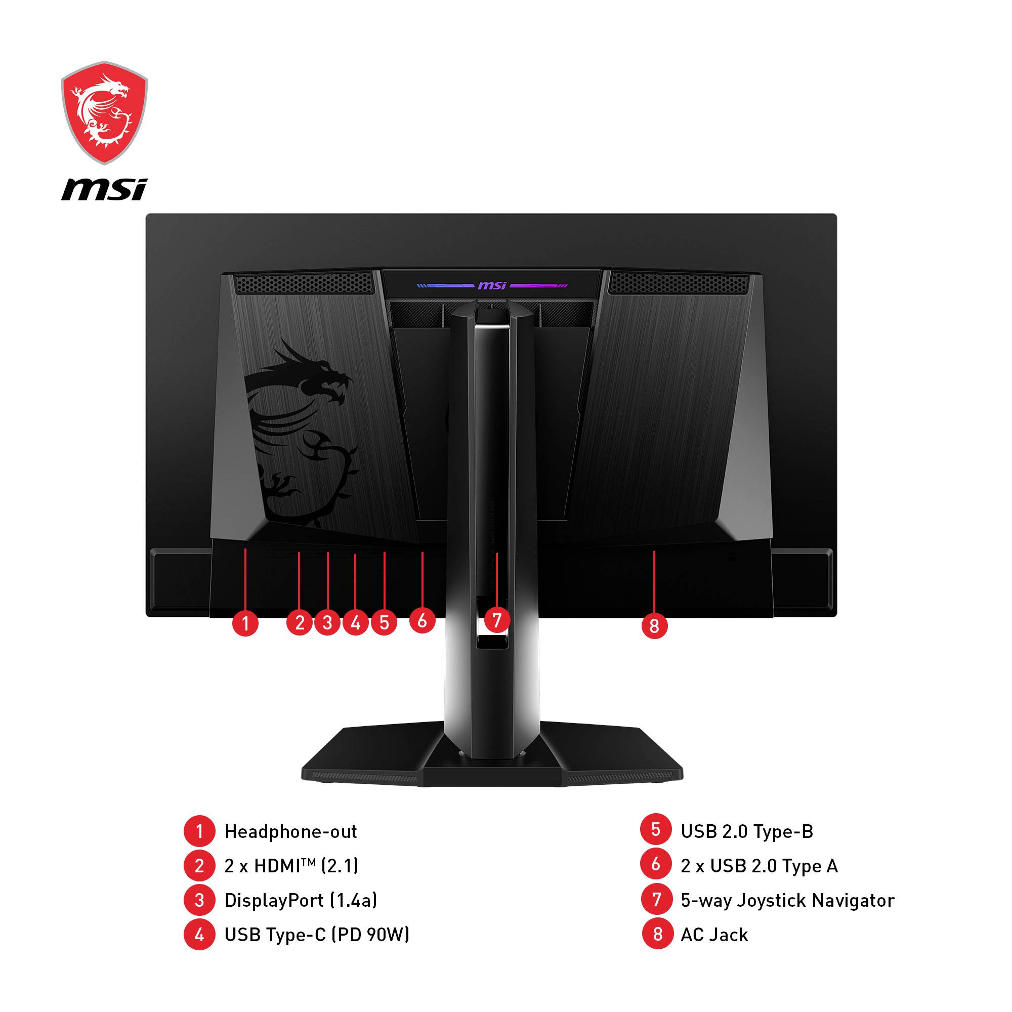 Zadní pohled na monitor MSI s konektory: 2x HDMI, DisplayPort, USB-C, 2x USB-A, sluchátkový jack, ovládací joystick, síťový konektor.