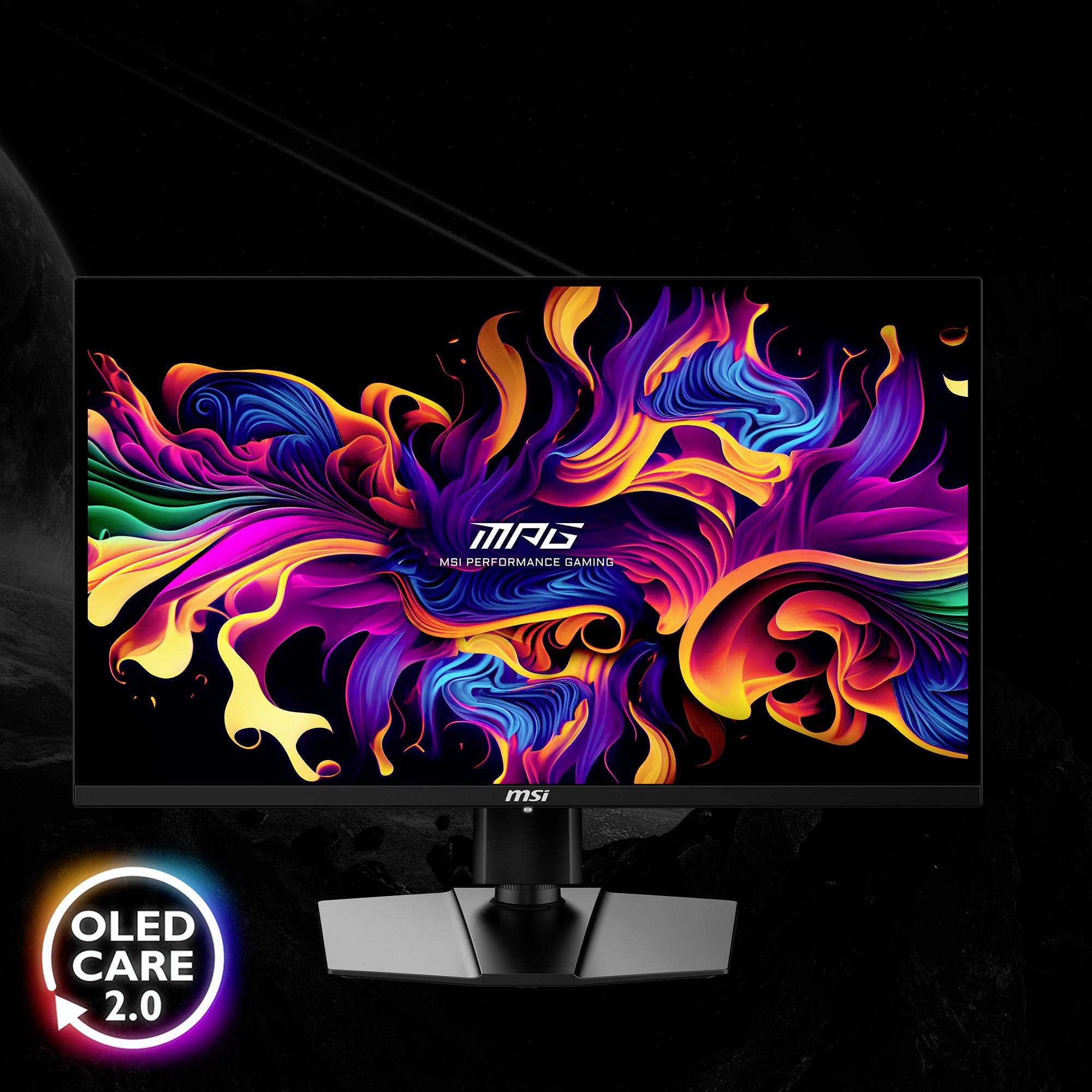 Barevný monitor zobrazuje abstraktní, živý vzor. V levém dolním rohu je umístěno kulaté logo s nápisem 'OLED CARE 2.0'.