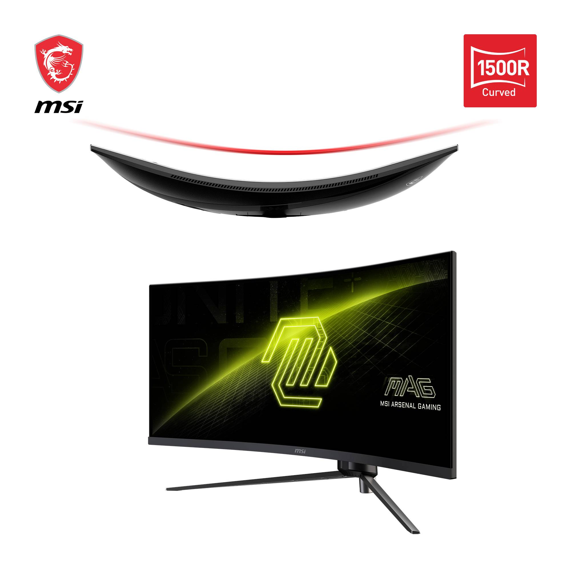 Zakřivený herní monitor MSI s křivostí 1500R zobrazuje zářivý, zelený design na obrazovce.