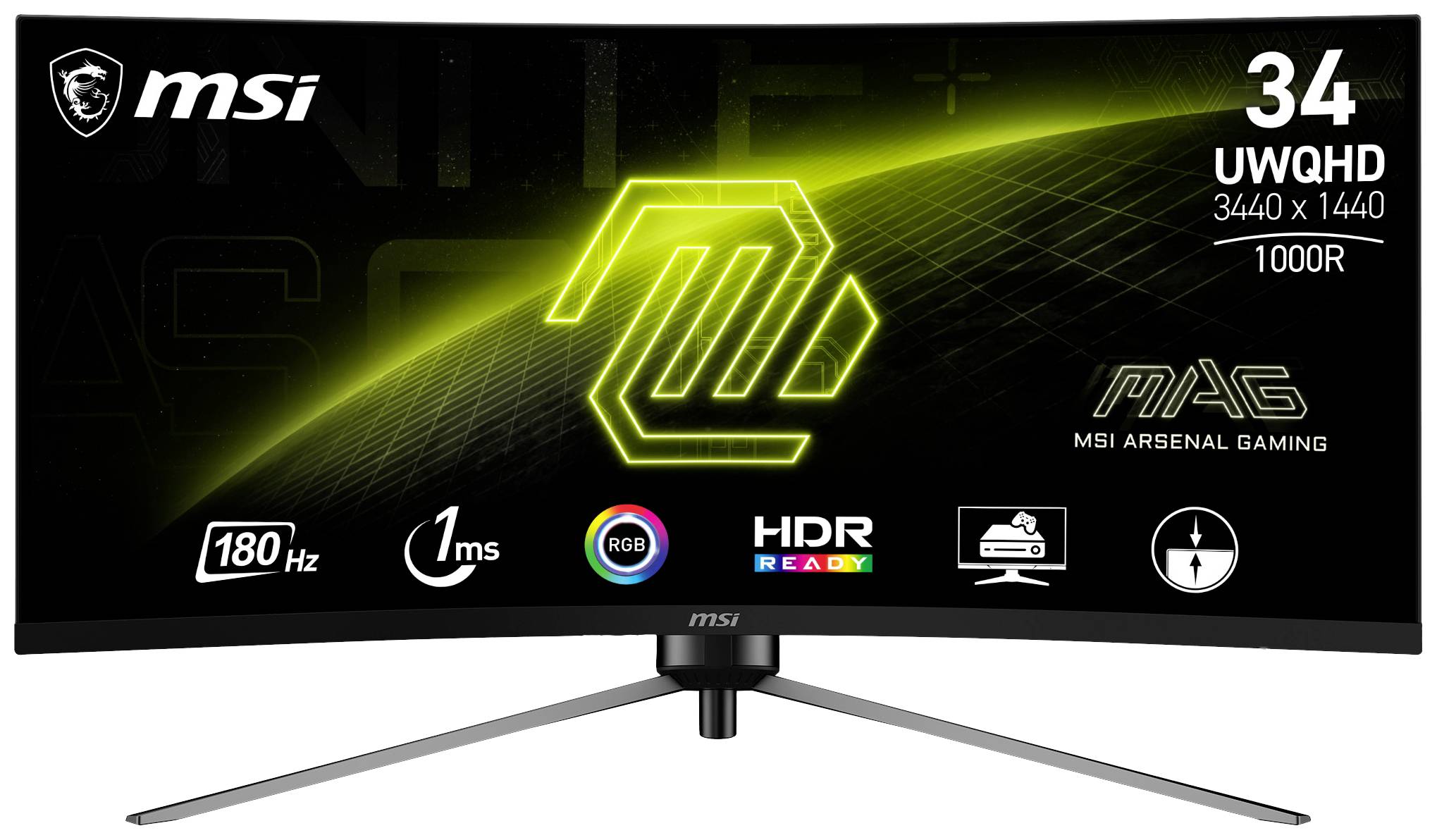 Herní monitor MSI s 34" zakřiveným displejem, rozlišení 3440 x 1440, 180 Hz, reakční doba 1 ms, RGB podsvícení, HDR připraven, zakřivení 1000R.