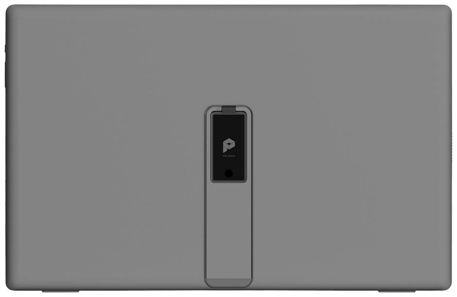 Šedý obdélníkový předmět s malým prohloubením uprostřed; design působí minimalisticky.