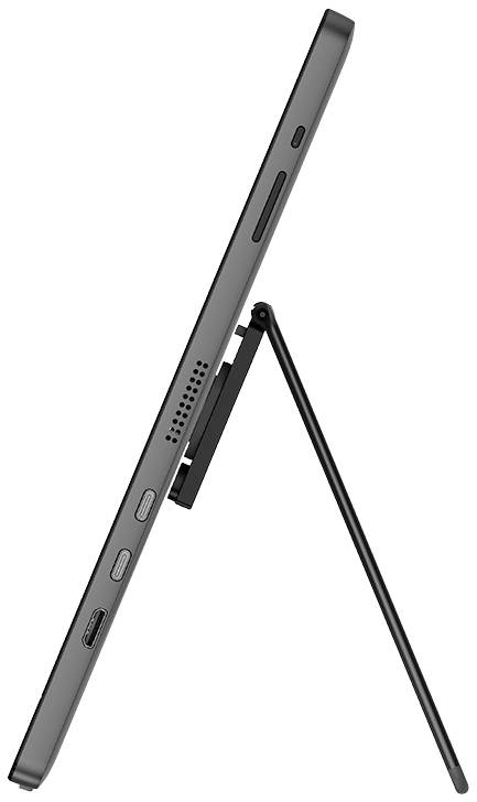 Tablet umístěné na boku se zabudovaným stojánkem, který zařízení drží ve vzpřímené poloze.
