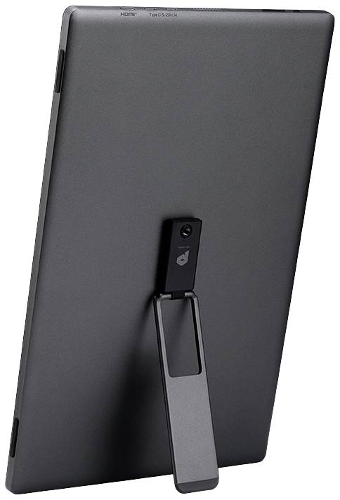Tablet s vyklopitelným stojánkem. Pohled zezadu ukazuje kameru nahoře a odolné černé tělo přístroje.