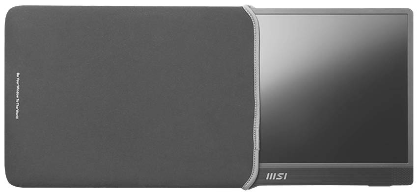 Monitor MSI s částečně chráněným displejem v černém ochranném obalu. Obrazovka je šedá a lesklá.