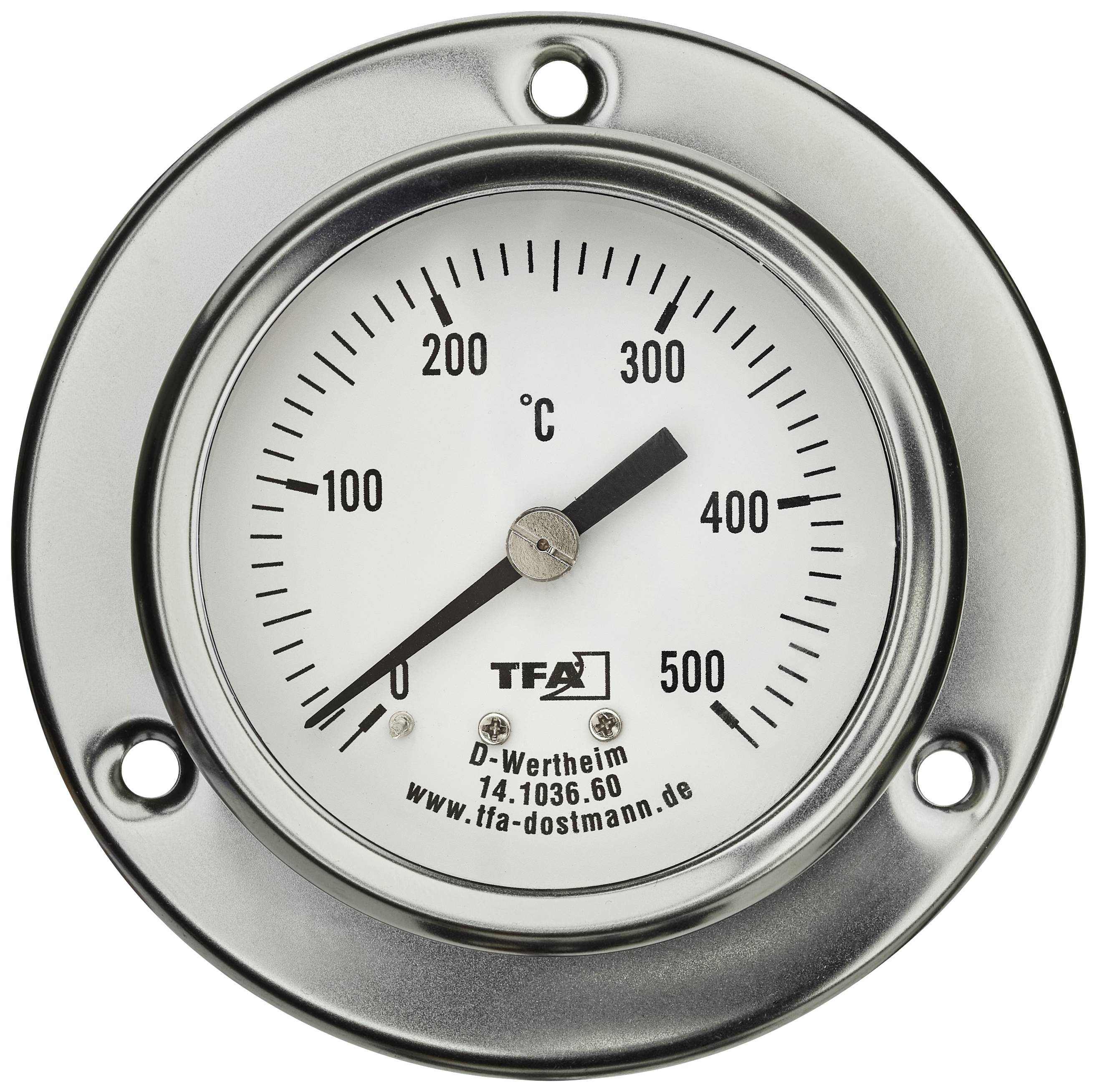 Kulatý kovový teploměr ukazuje teplotu přibližně 180°C. Má měřicí rozsah od 0 do 500°C.