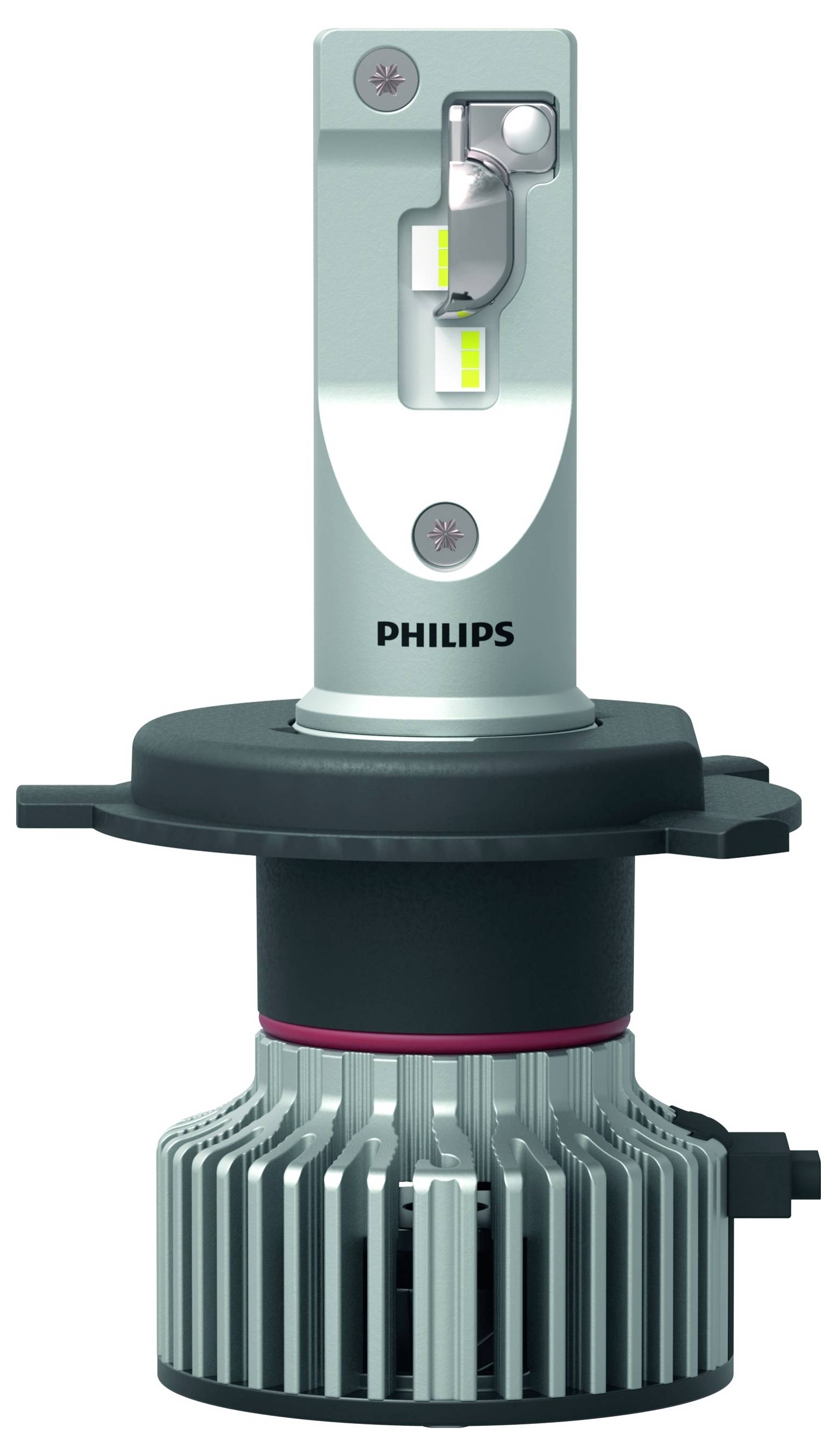 LED světelný zdroj od Philips, stříbrné pouzdro, s chladičem dole. Vhodný pro použití ve vozidlech.