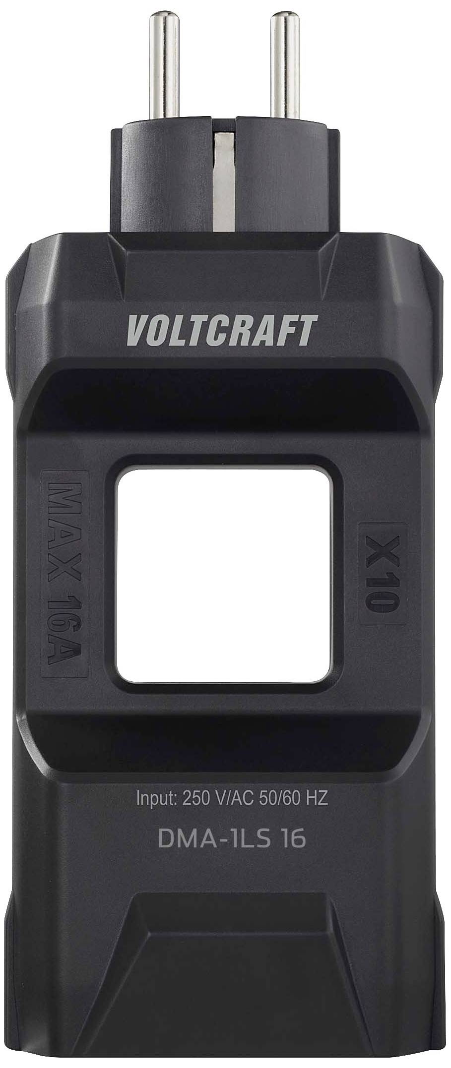 Černošedý měřicí přístroj na zásuvky s nápisem 'VOLTCRAFT', maximálně 16A, vstupní výkon 250 V/AC, frekvence 50/60 Hz.