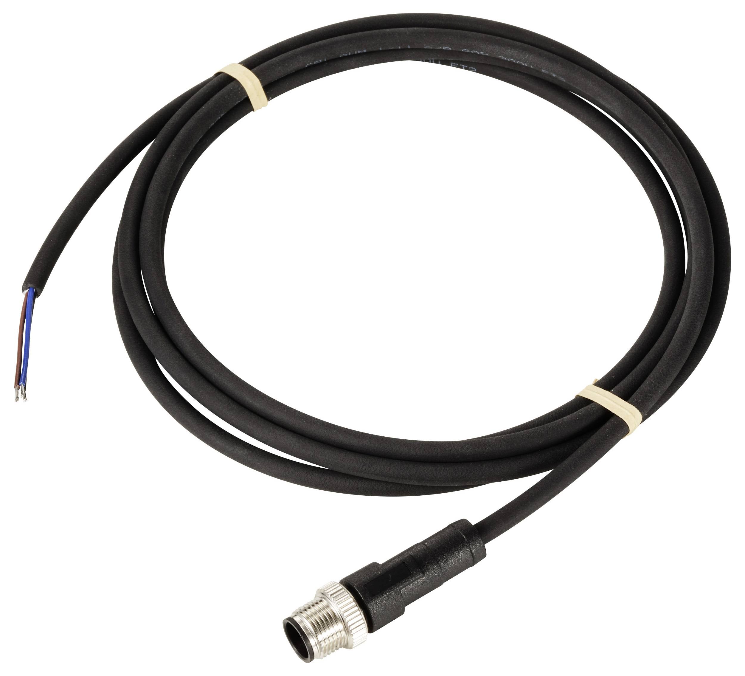 Černý kabel s kovovým konektorem na jednom konci a odkrytými vodiči na straně druhé. Je svázán do smyčky.