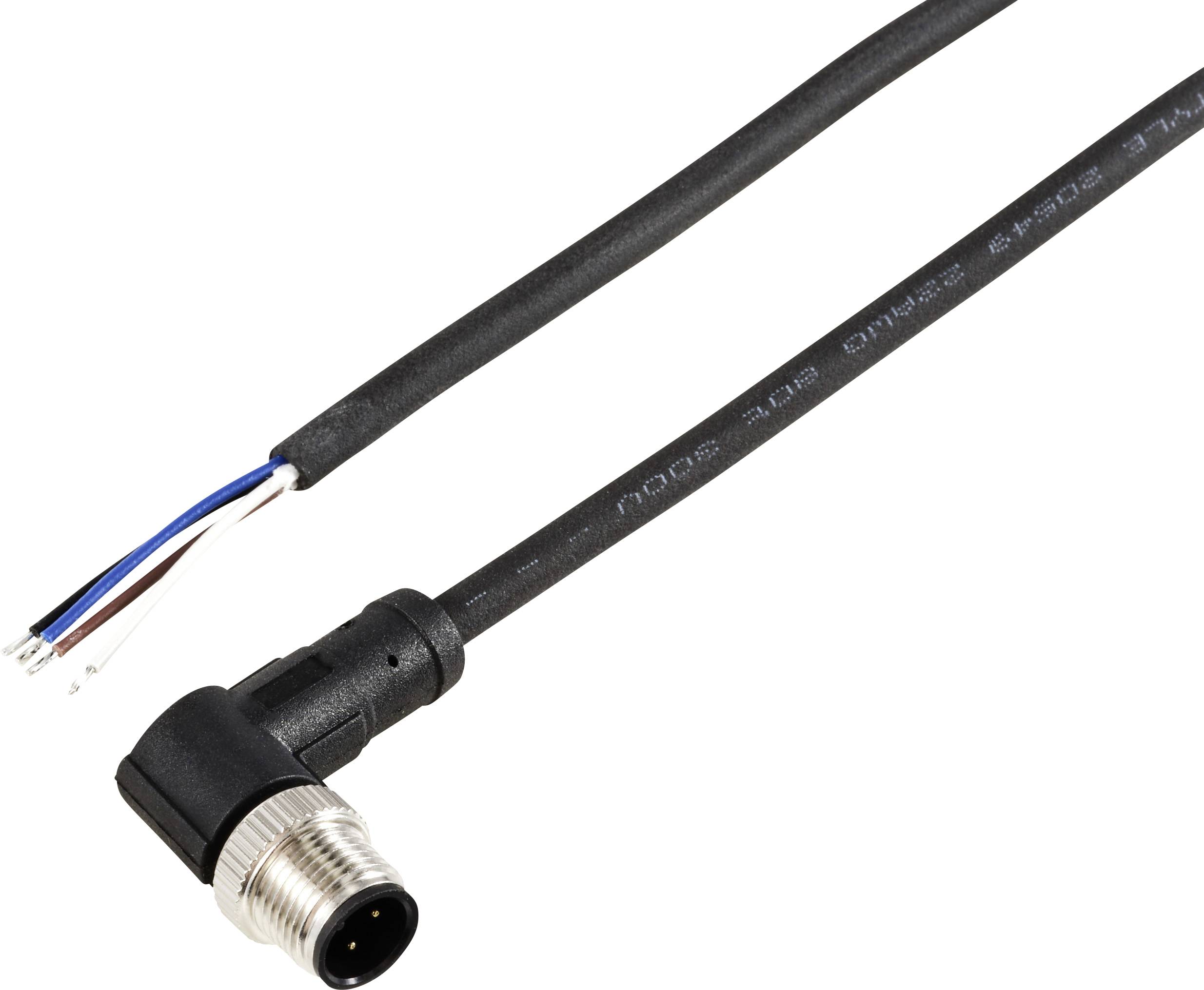 Černý elektrický kabel s úhlovým M8 konektorem na jednom konci, dva volné vodiče na straně druhé. Vhodný pro průmyslové aplikace.