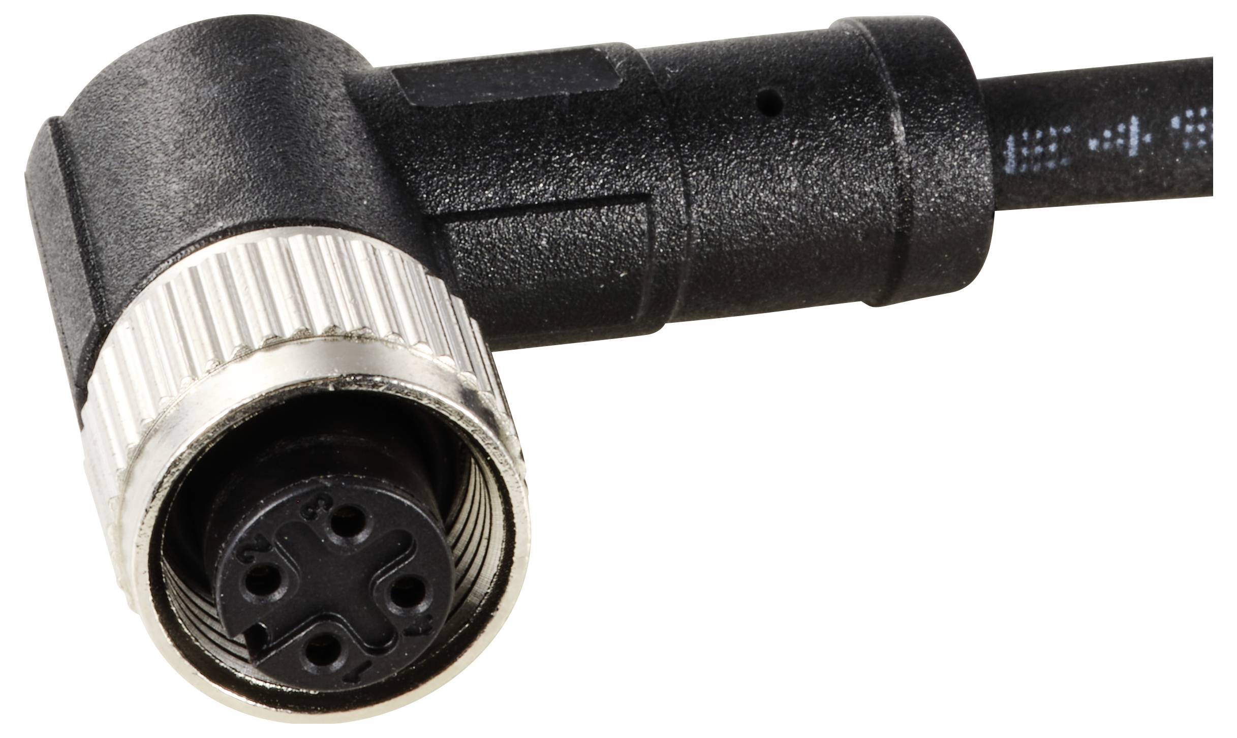 Černý úhlový konektor se stříbrným šroubovacím kroužkem a čtyřmi konektory. Vhodný pro elektronická propojení.