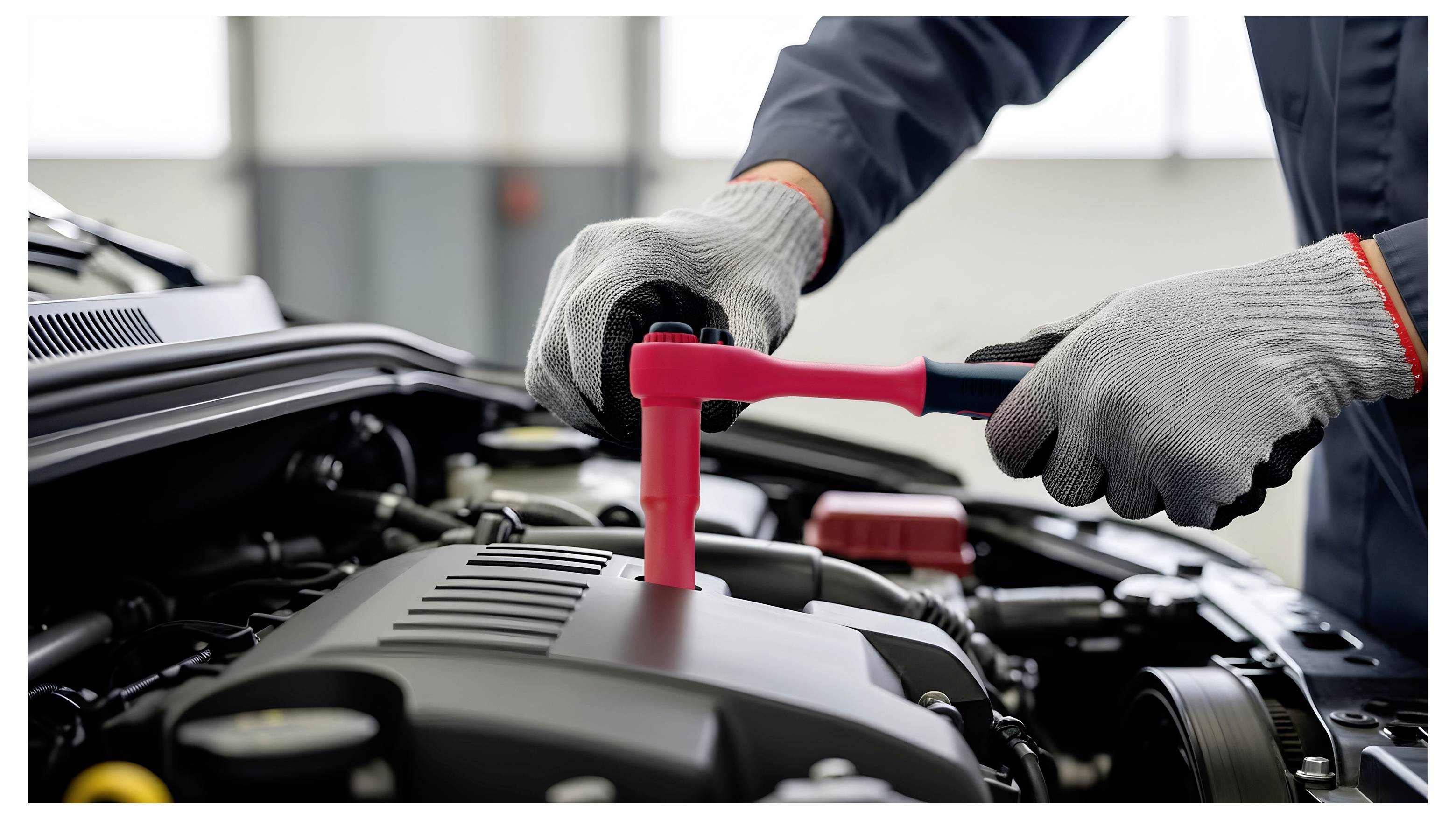 Mechanik v rukavicích používající červený nástroj s posuvnou hlavicí na práci na motoru automobilu pod kapotou.