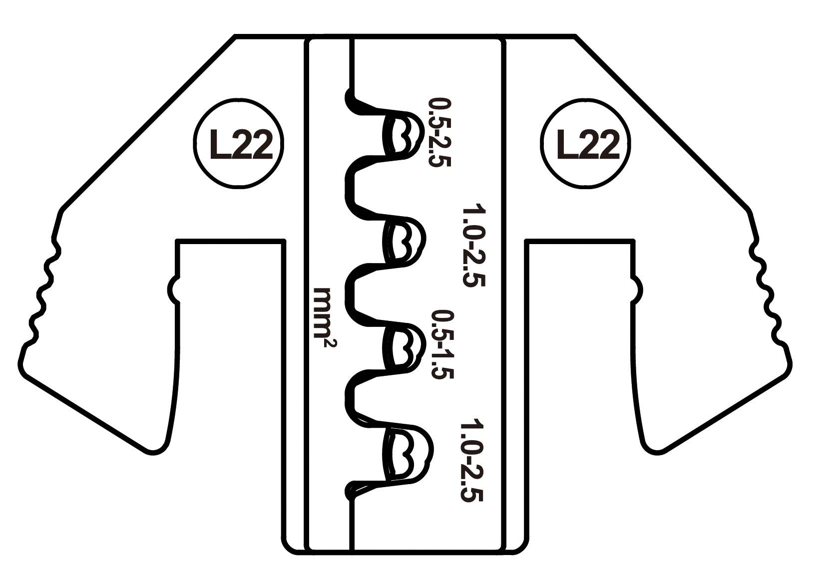 Odizolovací kleště s různými velikostmi řezu od 0,5 do 2,5 mm², označené na rukojetích. Model L22.