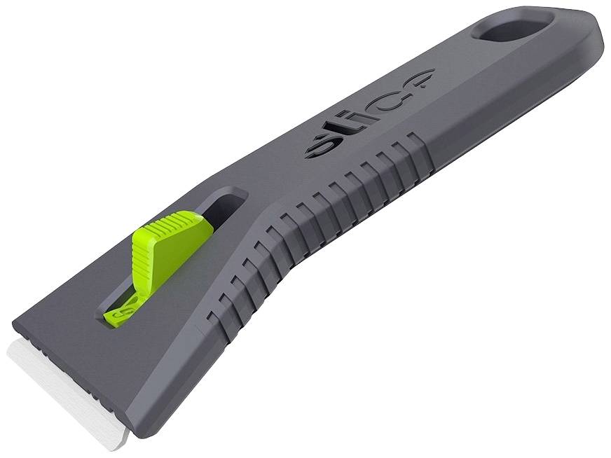 Ruční škrabka s šedou rukojetí, zeleným posuvným ovladačem a bezpečnostní keramickou čepelí. Ideální pro odstraňování samolepek nebo zbytků barev.