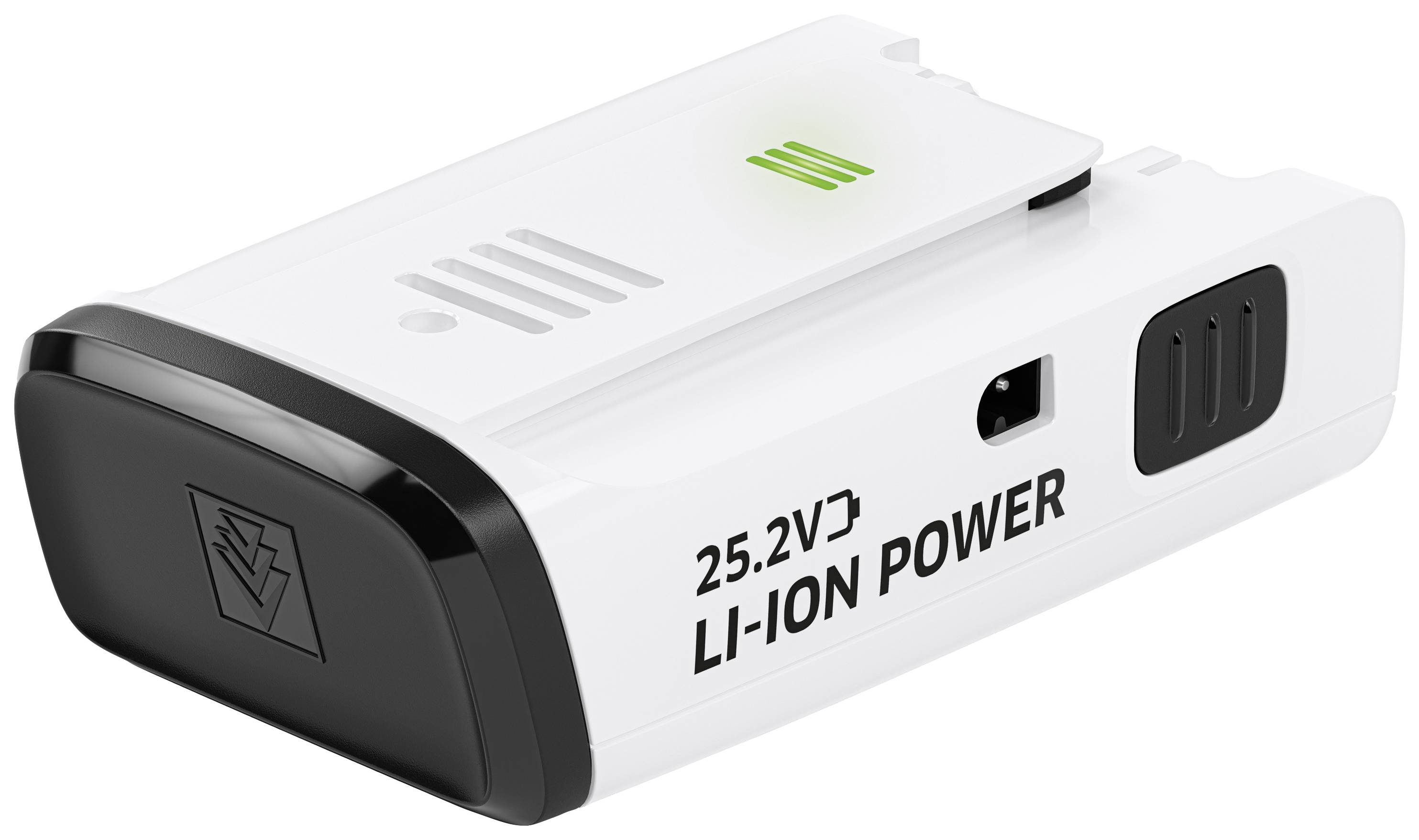 Bílý lithium-iontový akumulátor s nápisem '25.2V LI-ION POWER', černým koncem a zeleným indikátorem nabíjení nahoře.