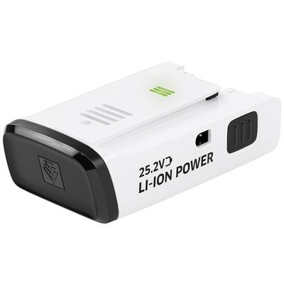 Bílý lithium-iontový akumulátor s nápisem '25.2V LI-ION POWER', černým koncem a zeleným indikátorem nabíjení nahoře.