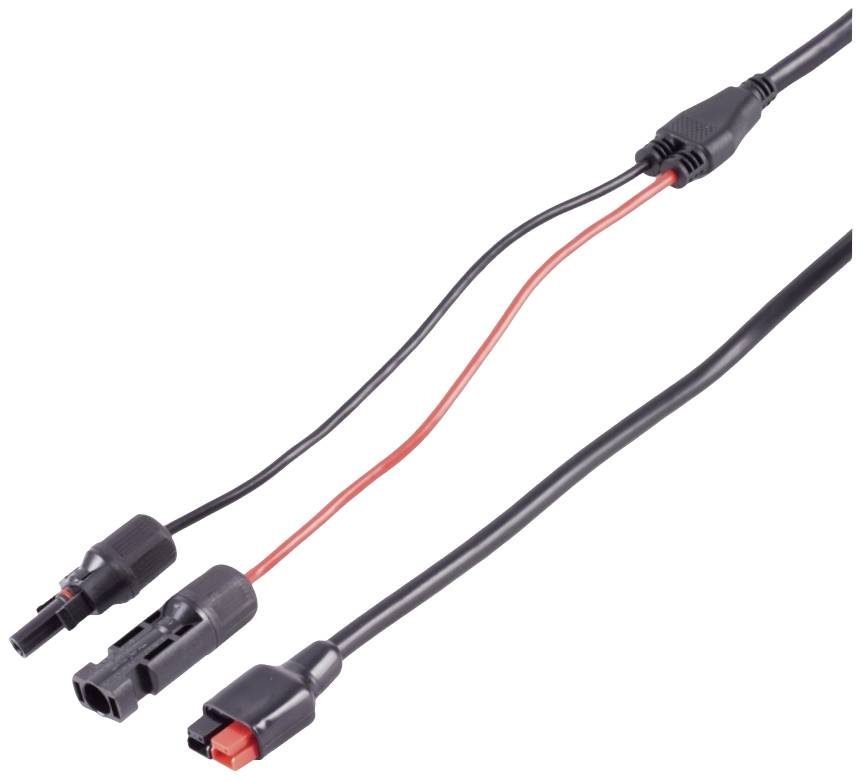 Dva černé kabely s červenými a černými konektory, které se sbíhají v adaptéru. Vhodné pro elektrické připojení.