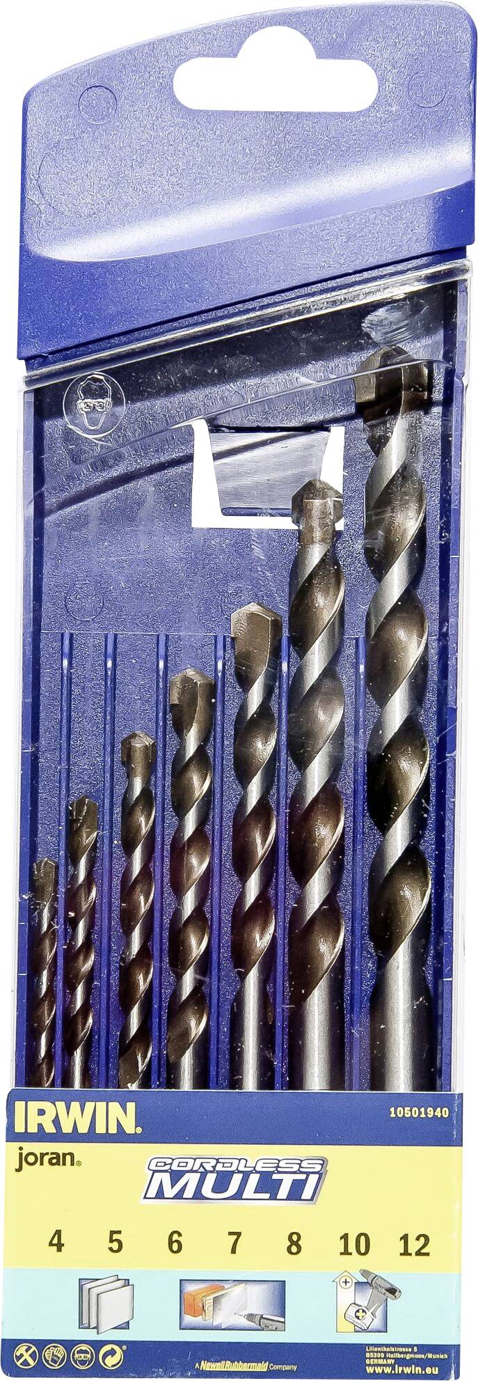 Balení sady vícemateriálových vrtáků značky Irwin se sedmi vrtáky o různých velikostech od 4 do 12 mm.