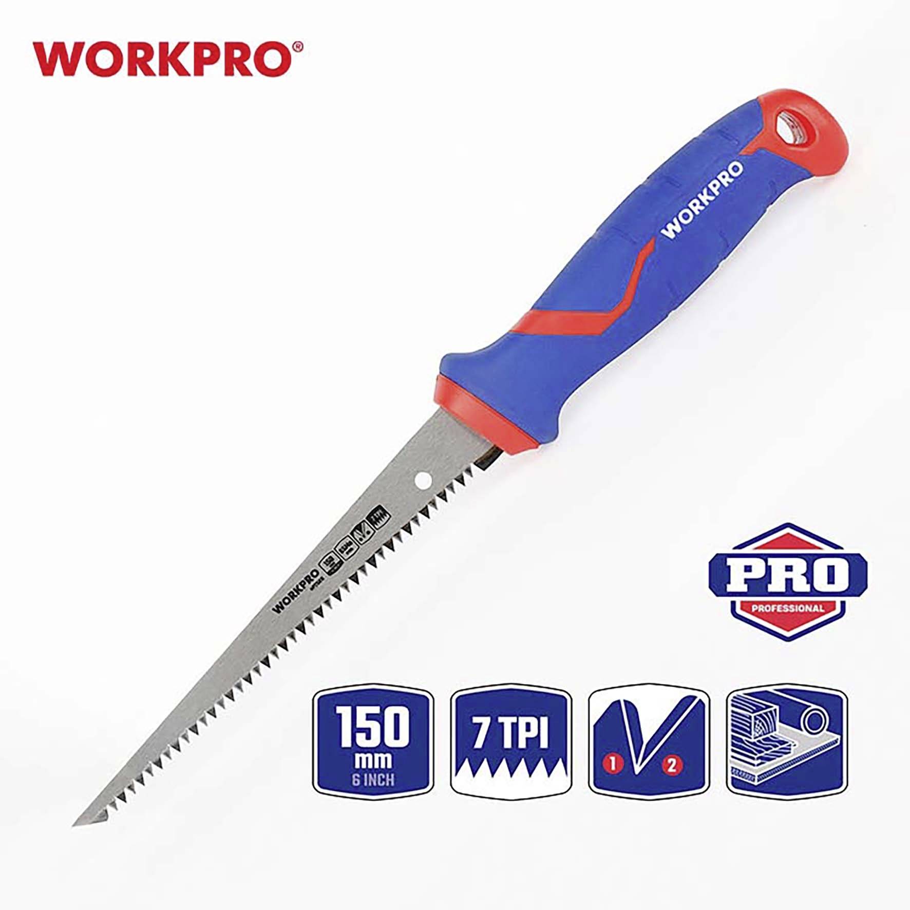 Pila s ergonomickou rukojetí; délka čepele 150 mm, 7 zubů na palec. Značka WORKPRO. Symboly pro oblasti použití a řezné schopnosti.