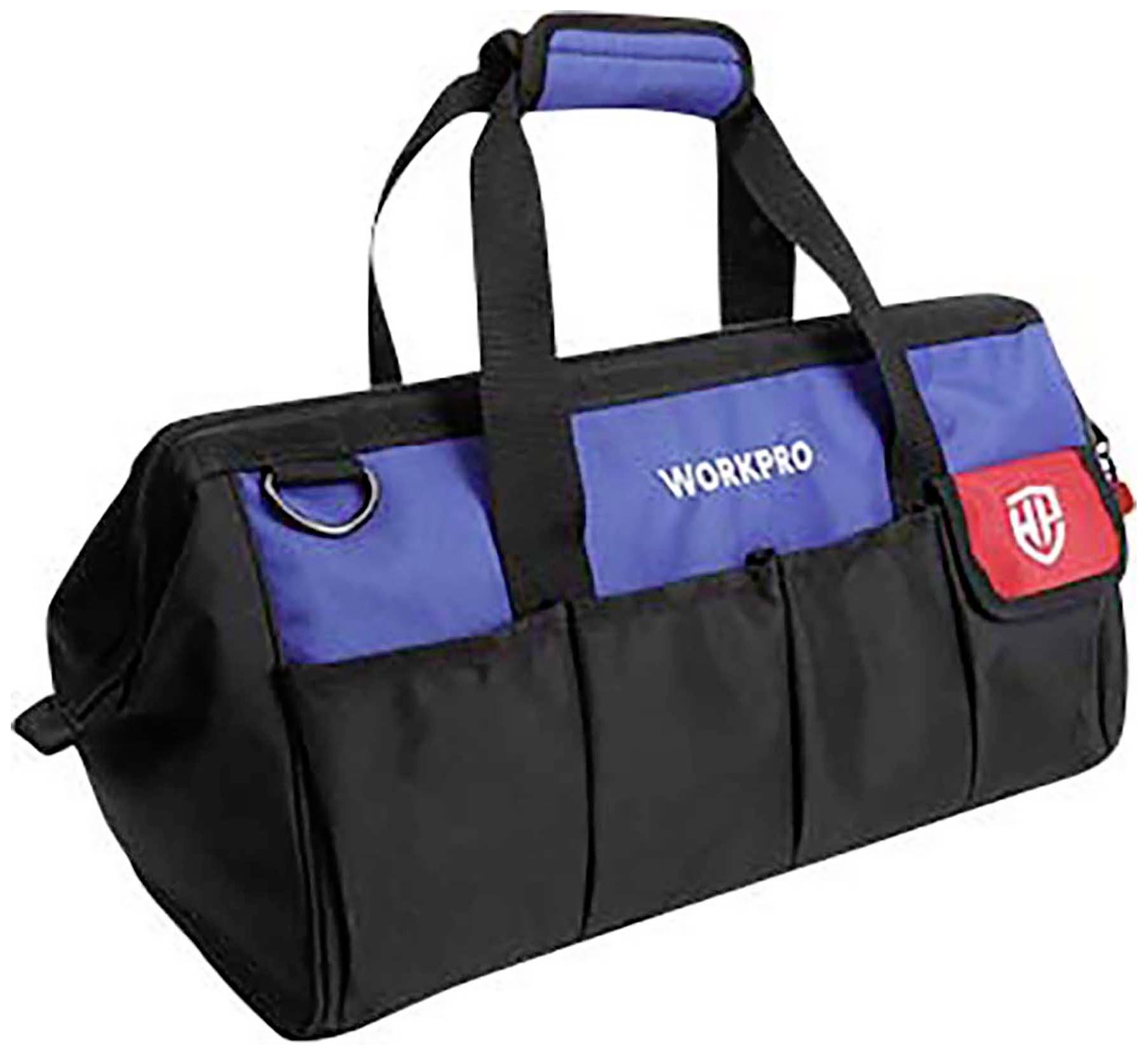 Černá a modrá brašna na nářadí s červenými detaily a nápisem 'WORKPRO', vhodná pro přepravu nářadí.