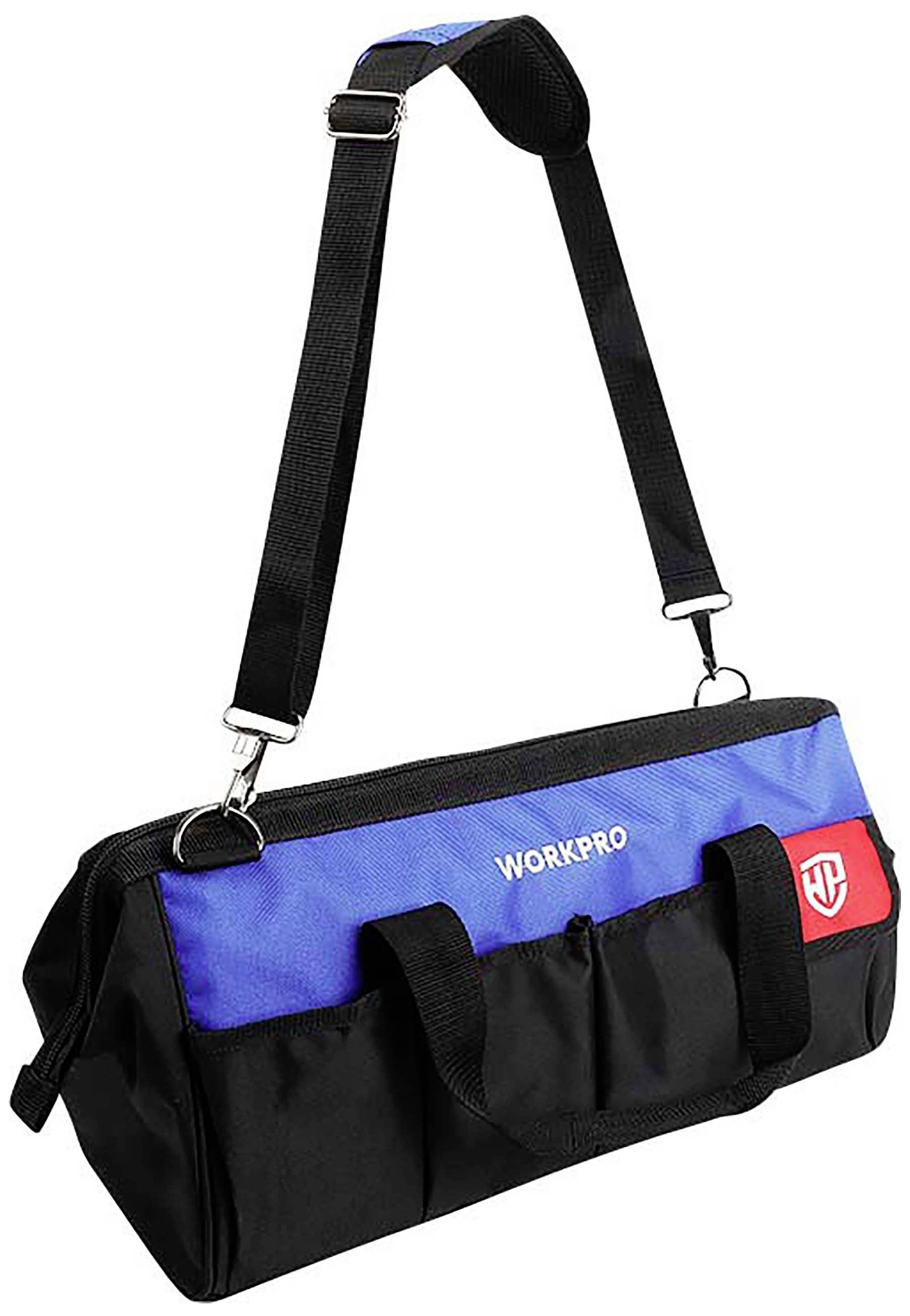 Brašna na nářadí s ramenním popruhem, modro-černá s logem 'WORKPRO'.