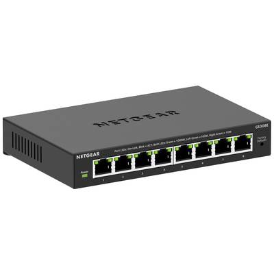 Síťový switch Netgear, model GS308E, s osmi ethernetovými porty, vhodný pro kabelové síťové připojení v domácích nebo kancelářských prostředích.