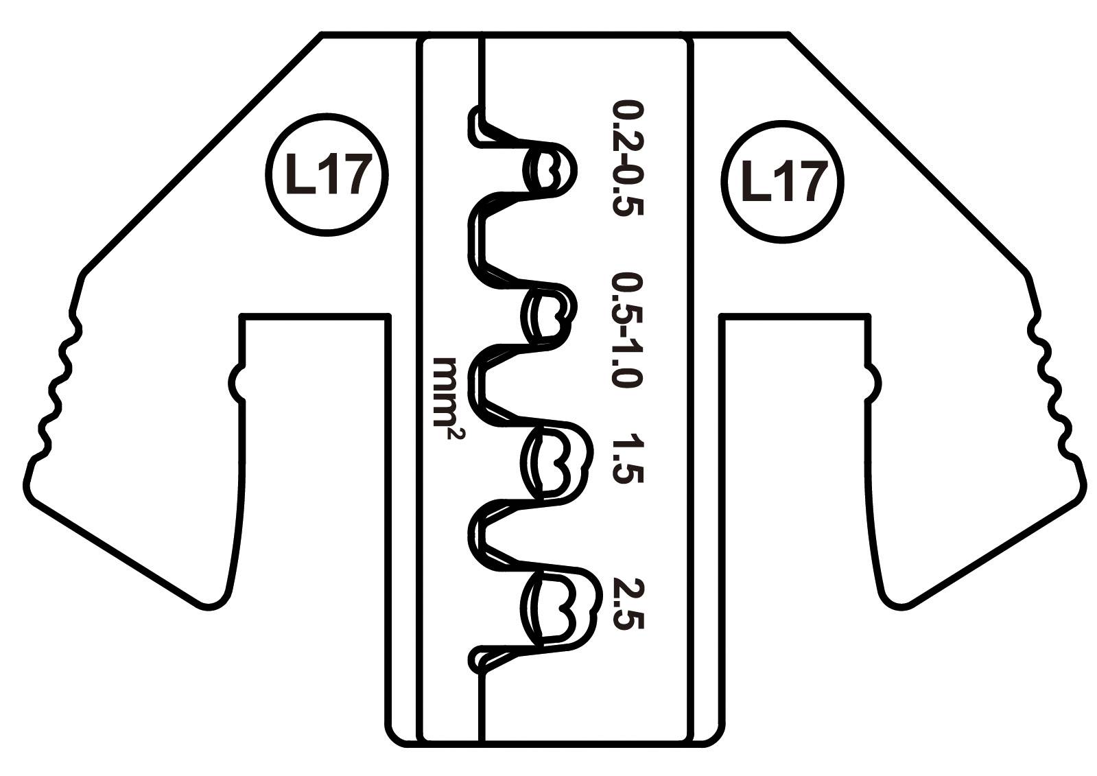 Odizolovací kleště se stupnicí pro průřezy kabelů: 0,2-0,5 mm², 0,5-1,0 mm², 1,5 mm², 2,5 mm², označené 'L17'.