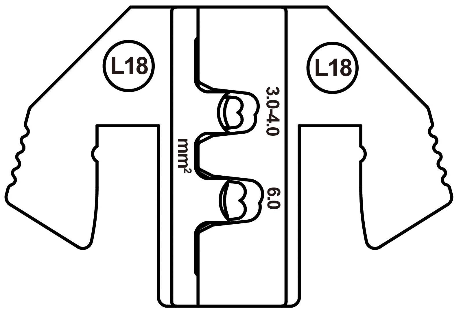Střihací element pro kabelové lisování s označením 3,0-4,0 mm² a 6,0 mm², oboustranně označený L18.