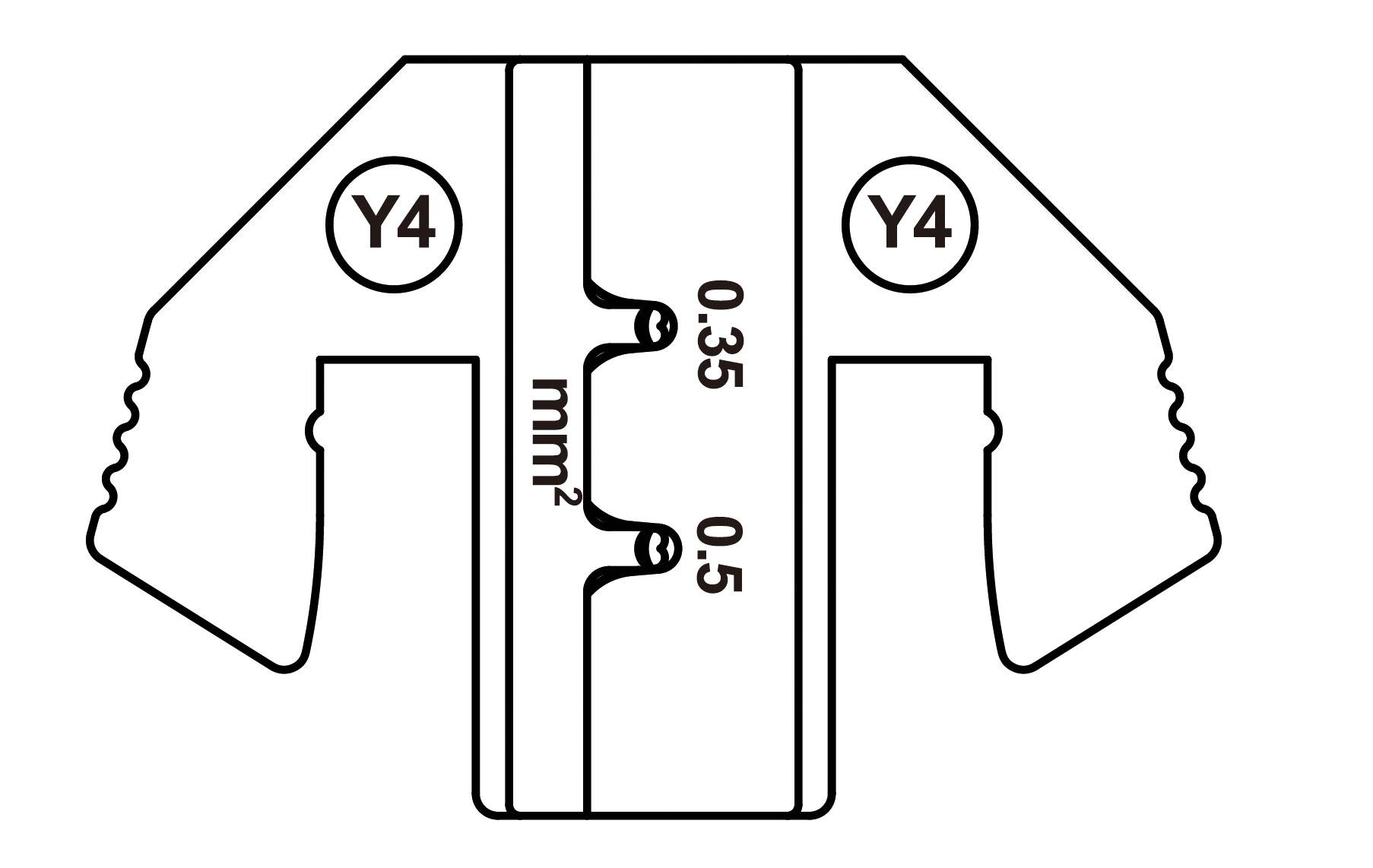 Diagram nástroje s držadly na obou stranách, označený štítkem 'Y4'. Dva rozměrové údaje: 0,35 mm² a 0,5 mm² v otevření nástroje.