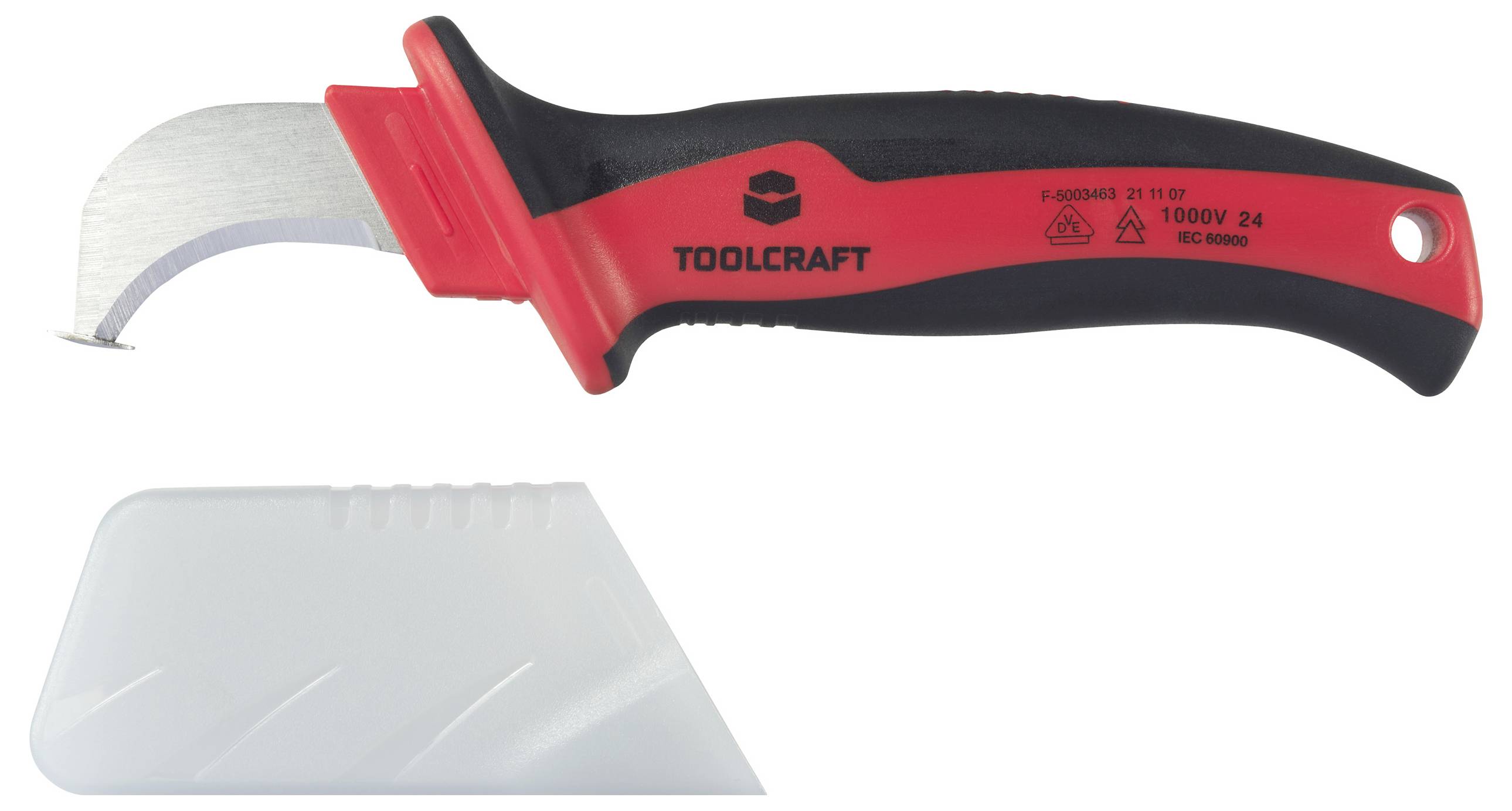 Červený a černý izolovaný nůž od TOOLCRAFT s ohnutou čepelí, vhodný pro práce až do 1000V.