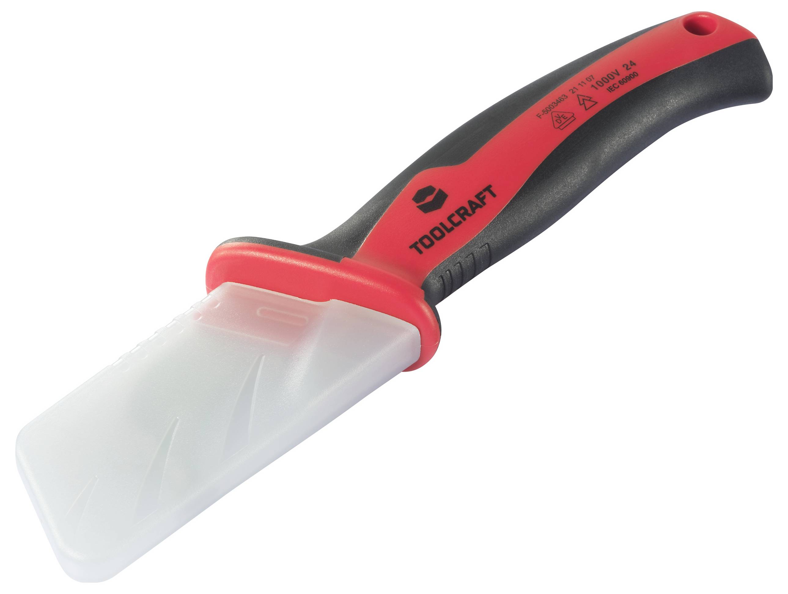 Červeno-černý nástroj se širokým plastovým listem a ergonomickou rukojetí. Vhodný pro odstraňování ledu nebo pro stěrkování.