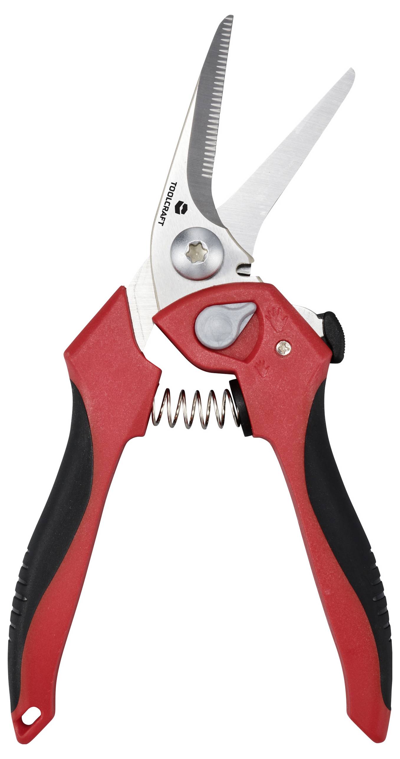 Červené a černé zahradní nůžky se zubanou čepelí a ergonomickou rukojetí.
