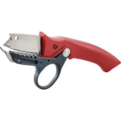 Řezací nástroj s červenou rukojetí, robustním mechanismem čepele a šedým otvorem pro uchopení, vhodný pro různé materiály.