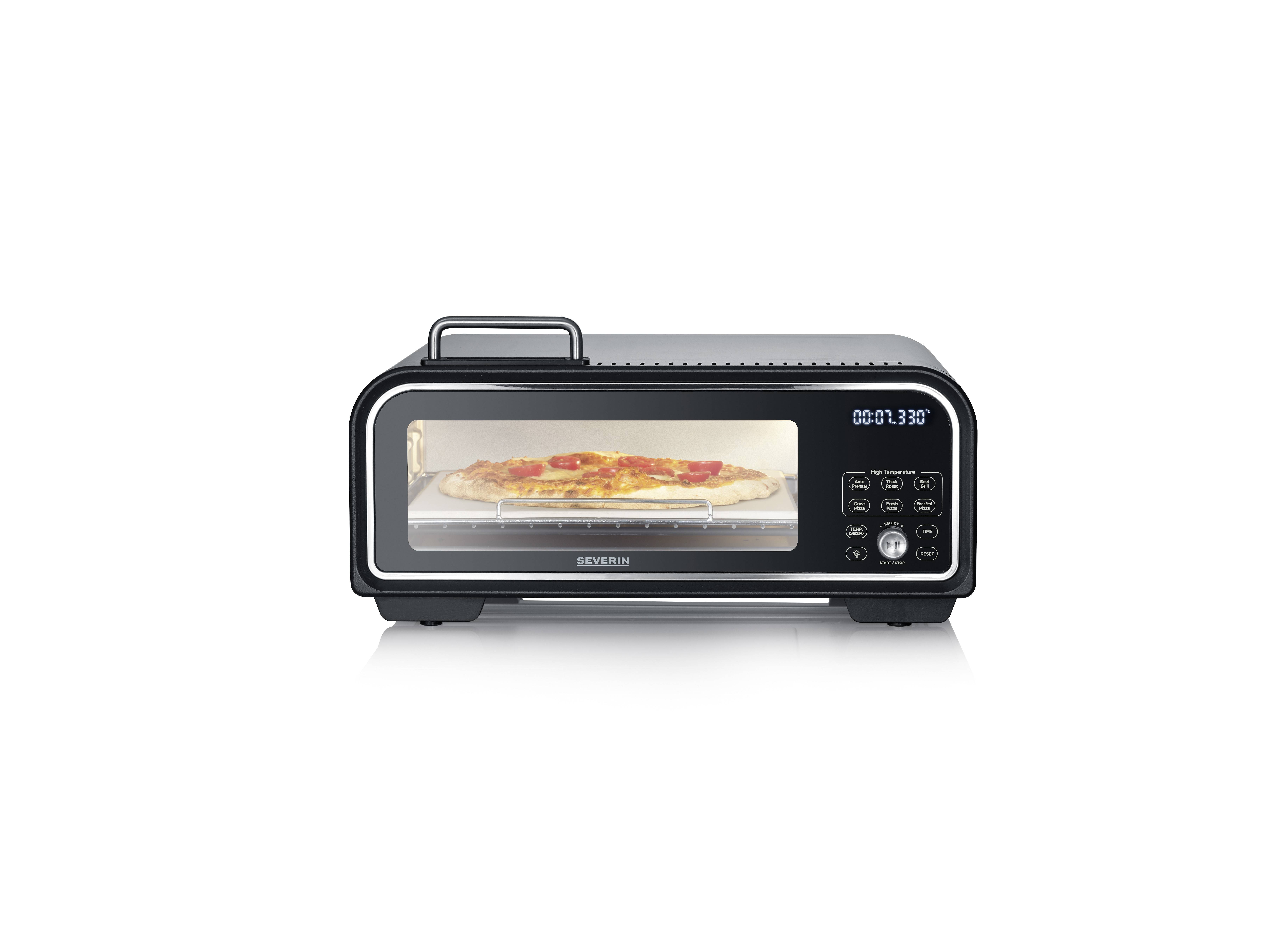 Černá pec se skleněnou přední stěnou, uvnitř pizza na roštu. Vpravo digitální displej času a ovládací panel s tlačítky.