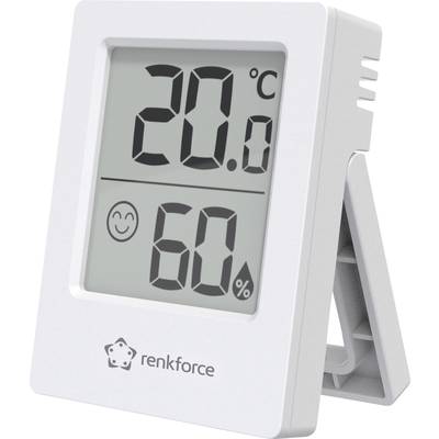 Digitální teploměr a vlhkoměr ukazuje 20 stupňů Celsia a 60 procent relativní vlhkosti vzduchu, s úsměvným obličejem na displeji.