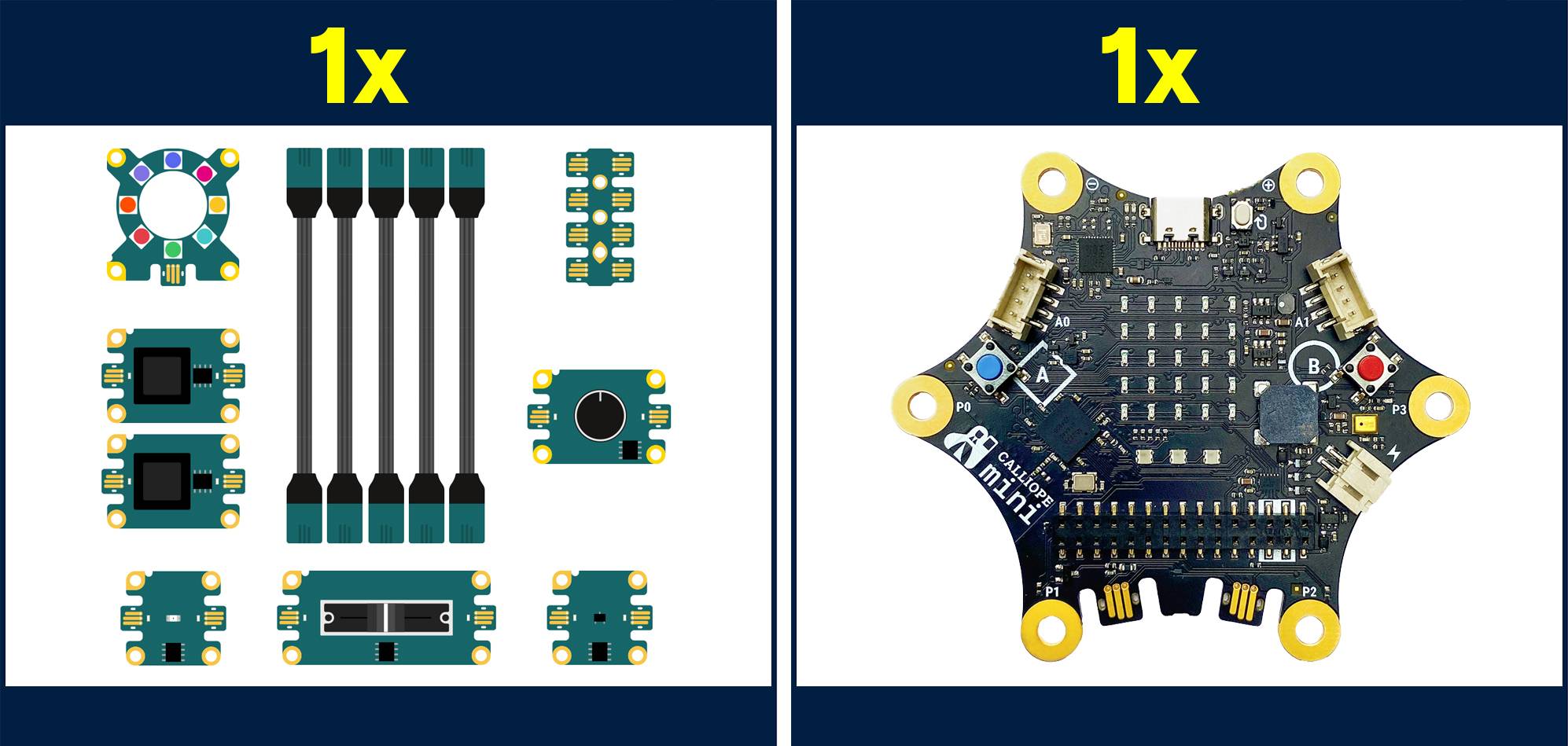 Elektronická sada pro DIY projekty: vlevo různé senzory a kabely, vpravo hlavní deska s konektory a tlačítky.