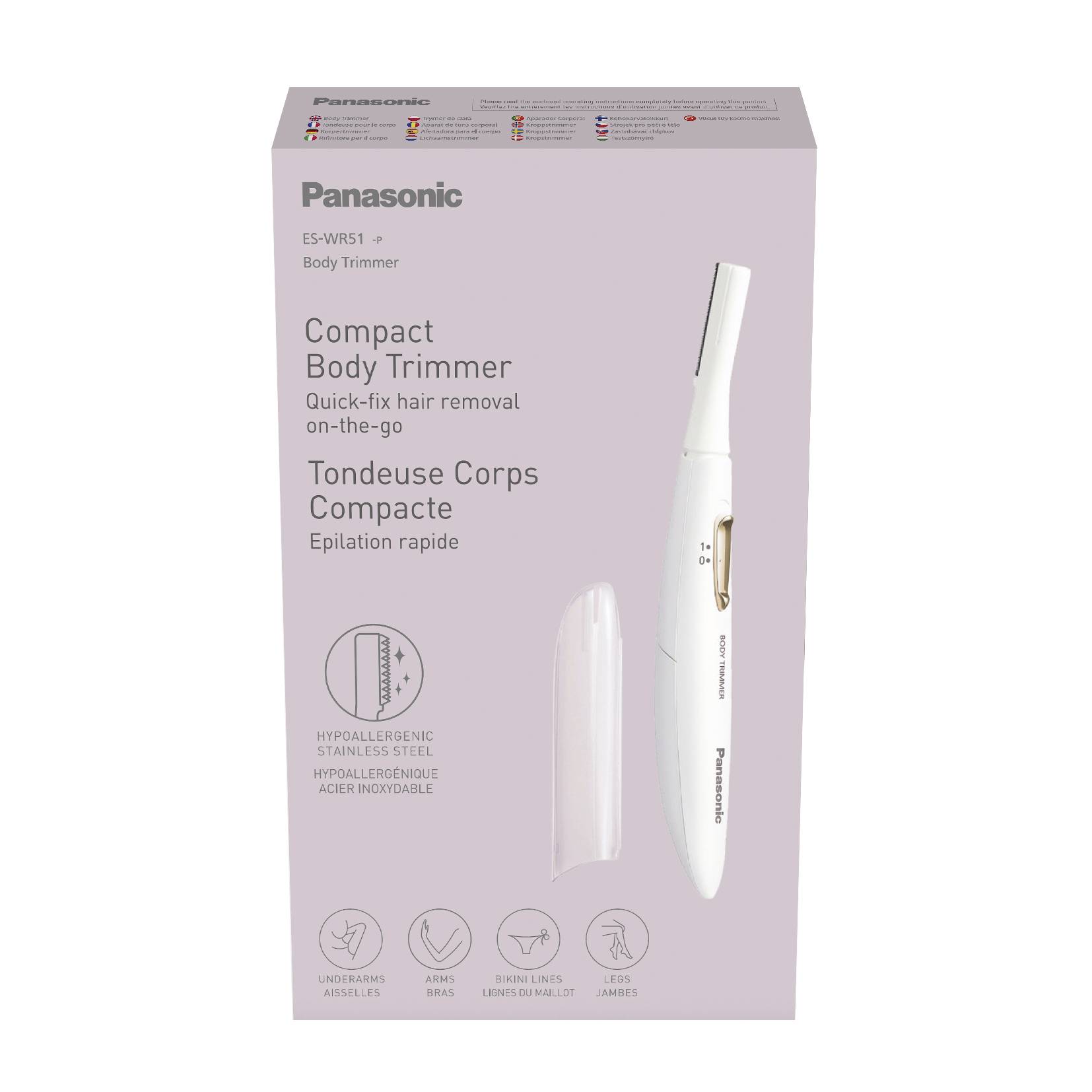Kompaktní tělový zastřihovač od Panasonicu v obalu. Nápis: 'Rychlé odstranění chloupků na cestách'. Obsahuje produktové detaily.
